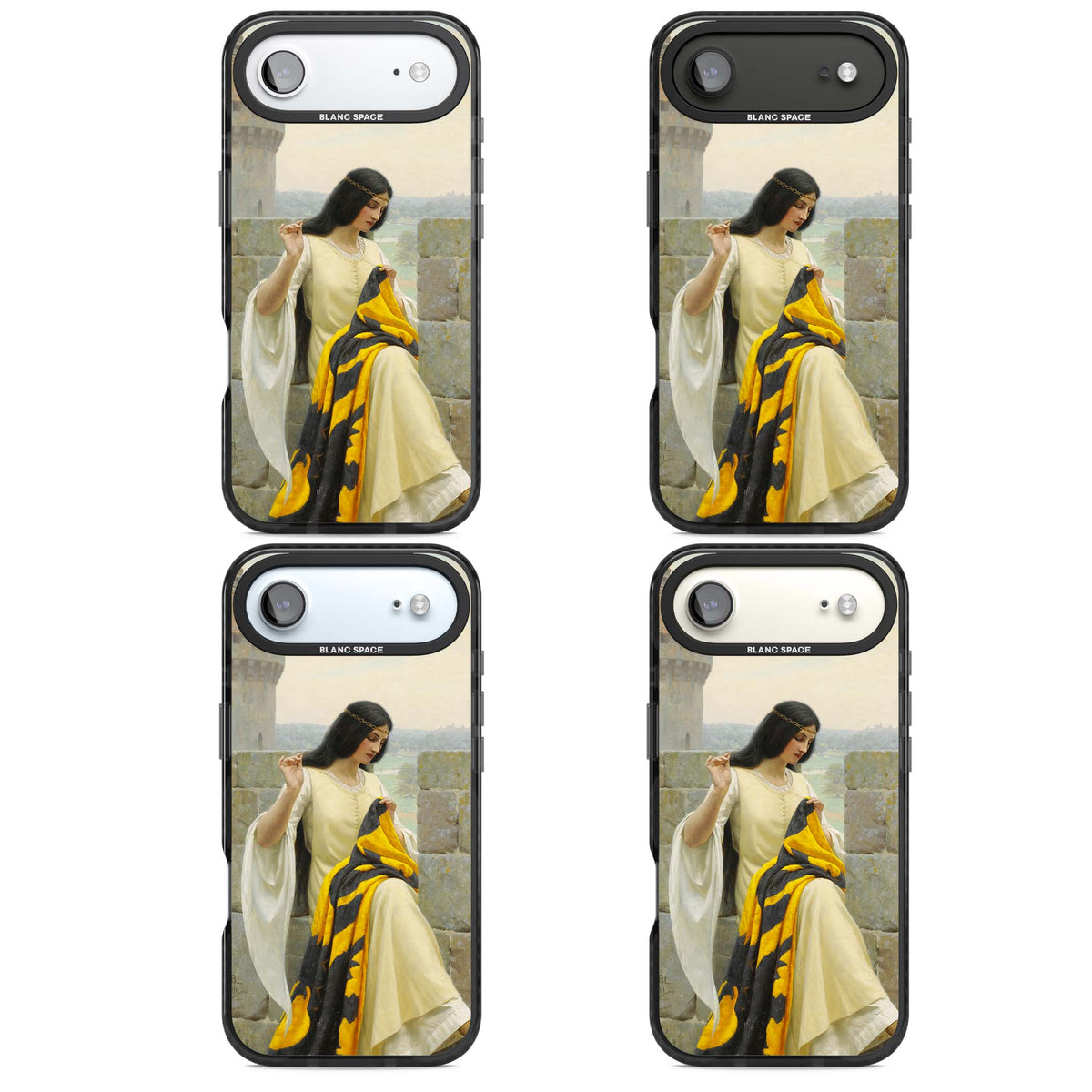 Stitching the Standard renaissance art iPhone case featuring a medieval lady sewing a golden banner on a castle wall | Black Impact Magsafe case for iPhone Air