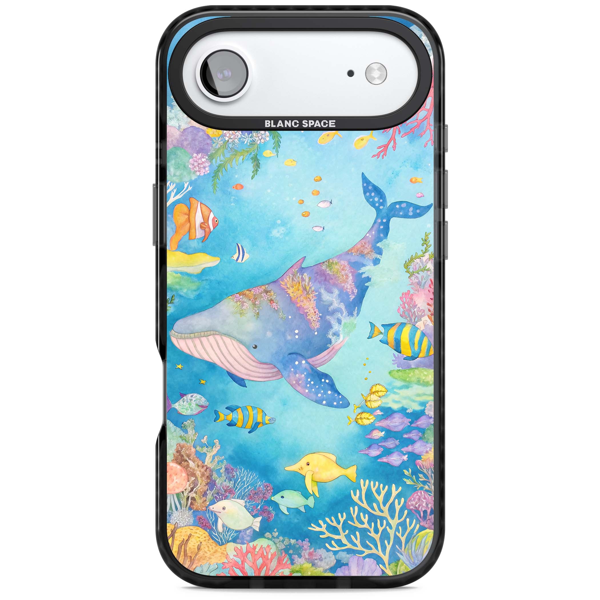 Coral Lagoon ocean iPhone case featuring a watercolour whale, coral reef and tropical fish | Black Impact Magsafe case for iPhone Air