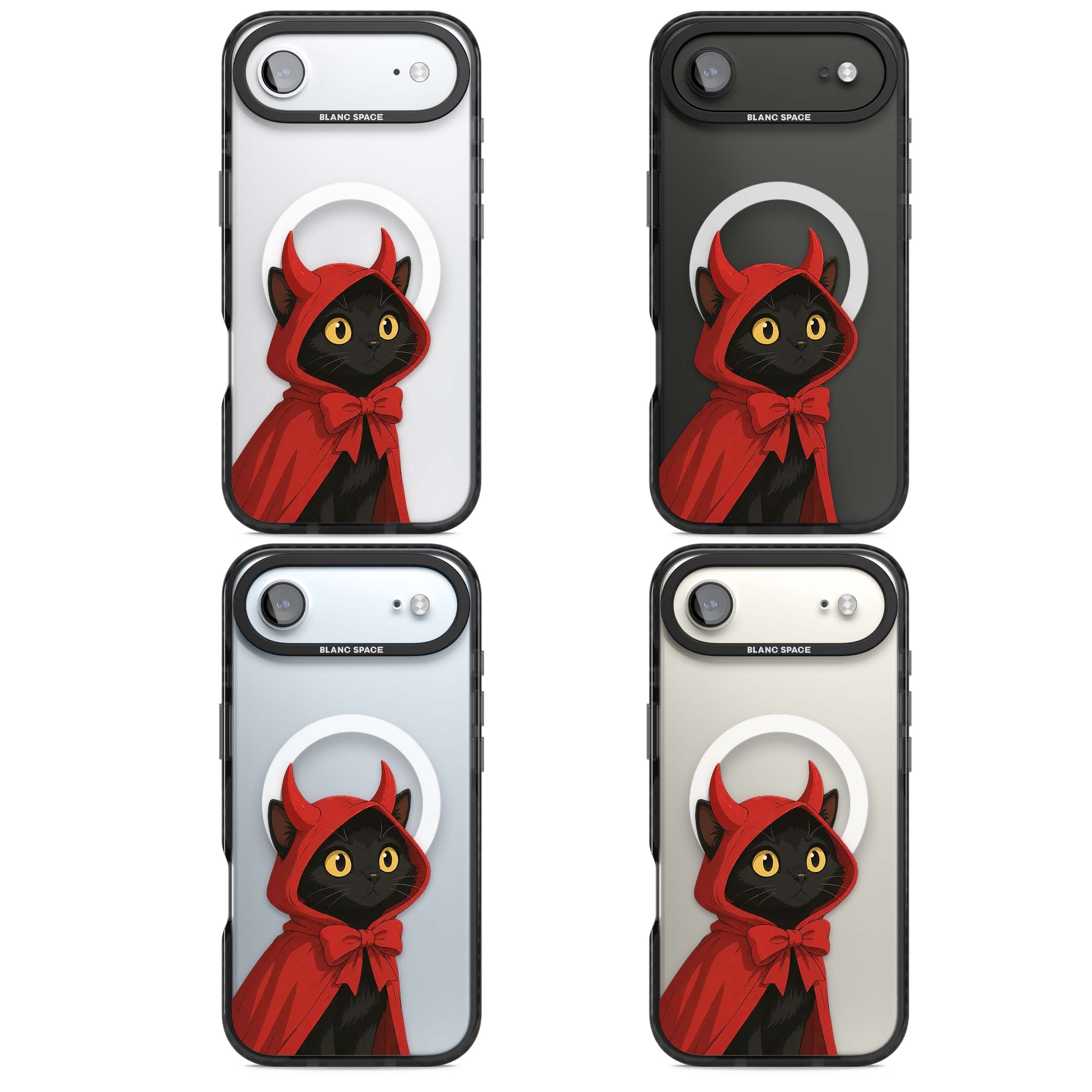 Little Devil halloween iPhone case featuring a black cat in a red hooded devil cloak with horns and golden eyes | Black Impact Magsafe case for iPhone Air