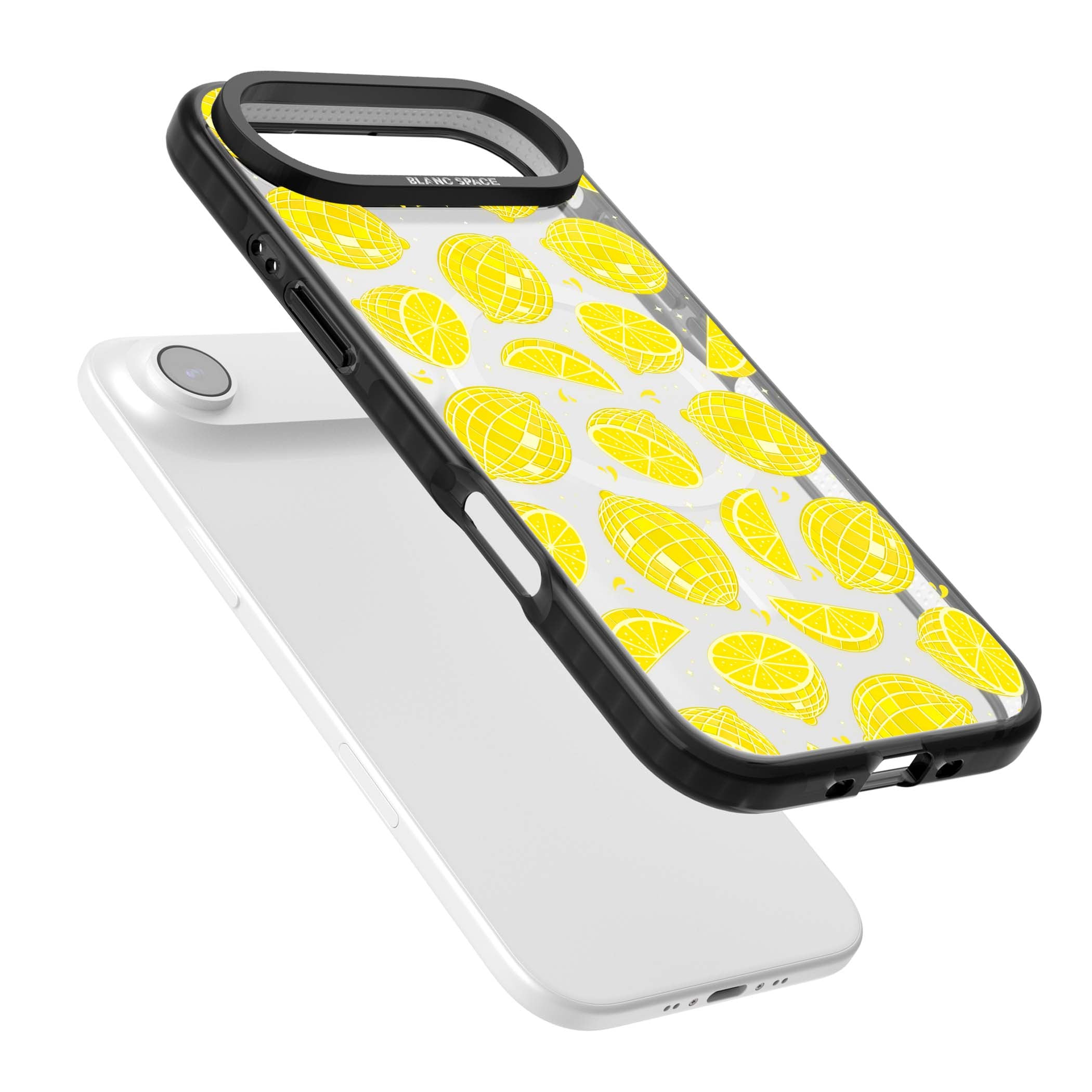 Disco Lemons citrus iPhone case featuring mirrorball lemons, sliced fruit and sparkle accents | Black Impact Magsafe case for iPhone Air