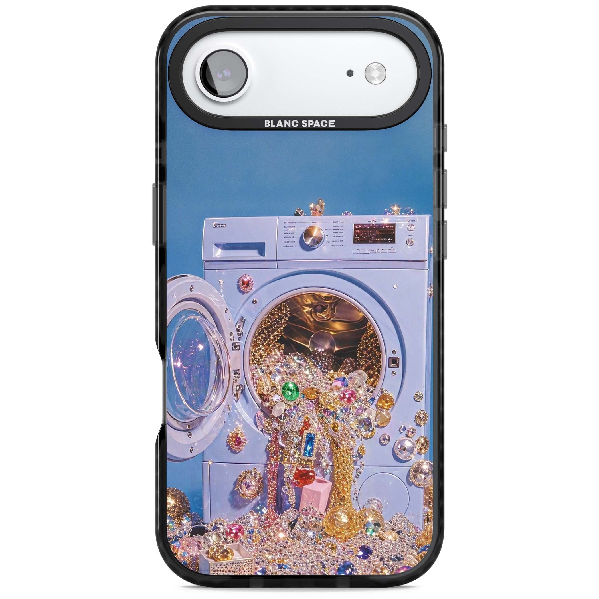 Gem Laundry baddie iPhone case featuring a surreal washing machine overflowing with colourful gemstones and crystals | Black Impact Magsafe case for iPhone Air