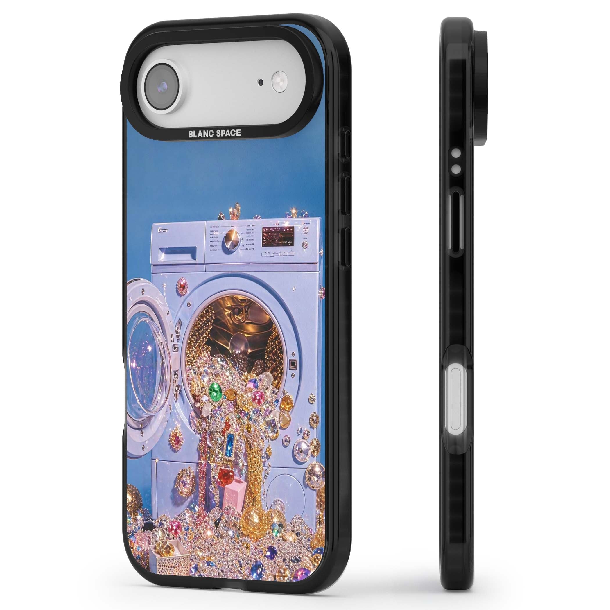 Gem Laundry baddie iPhone case featuring a surreal washing machine overflowing with colourful gemstones and crystals | Black Impact Magsafe case for iPhone Air