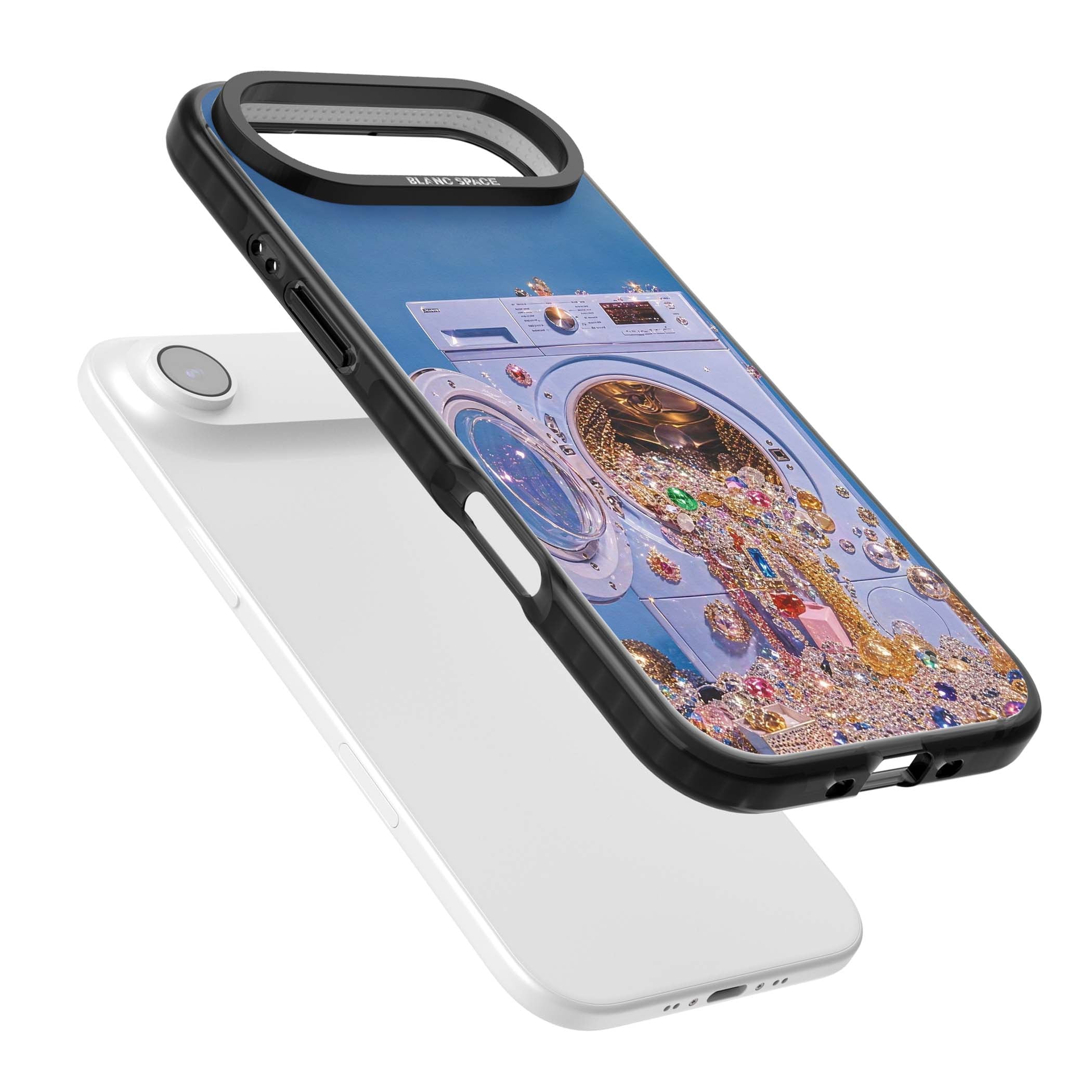 Gem Laundry baddie iPhone case featuring a surreal washing machine overflowing with colourful gemstones and crystals | Black Impact Magsafe case for iPhone Air