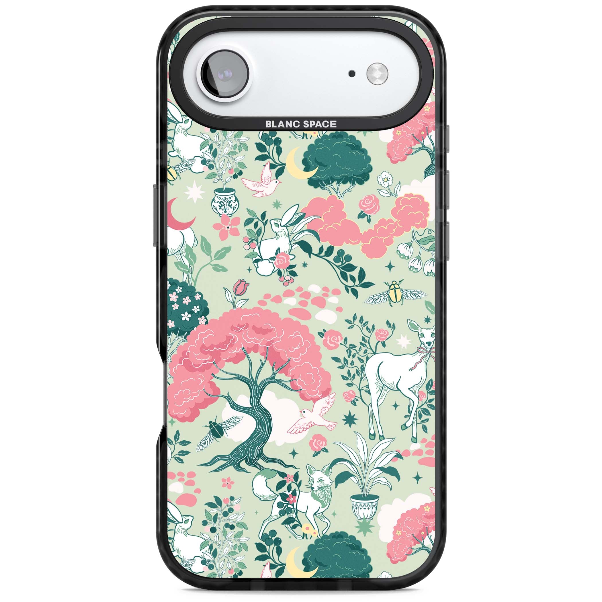 Enchanted Woodland cottagecore iPhone case featuring white deer, pink roses, mushrooms and woodland animals on sage green | Black Impact Magsafe case for iPhone Air