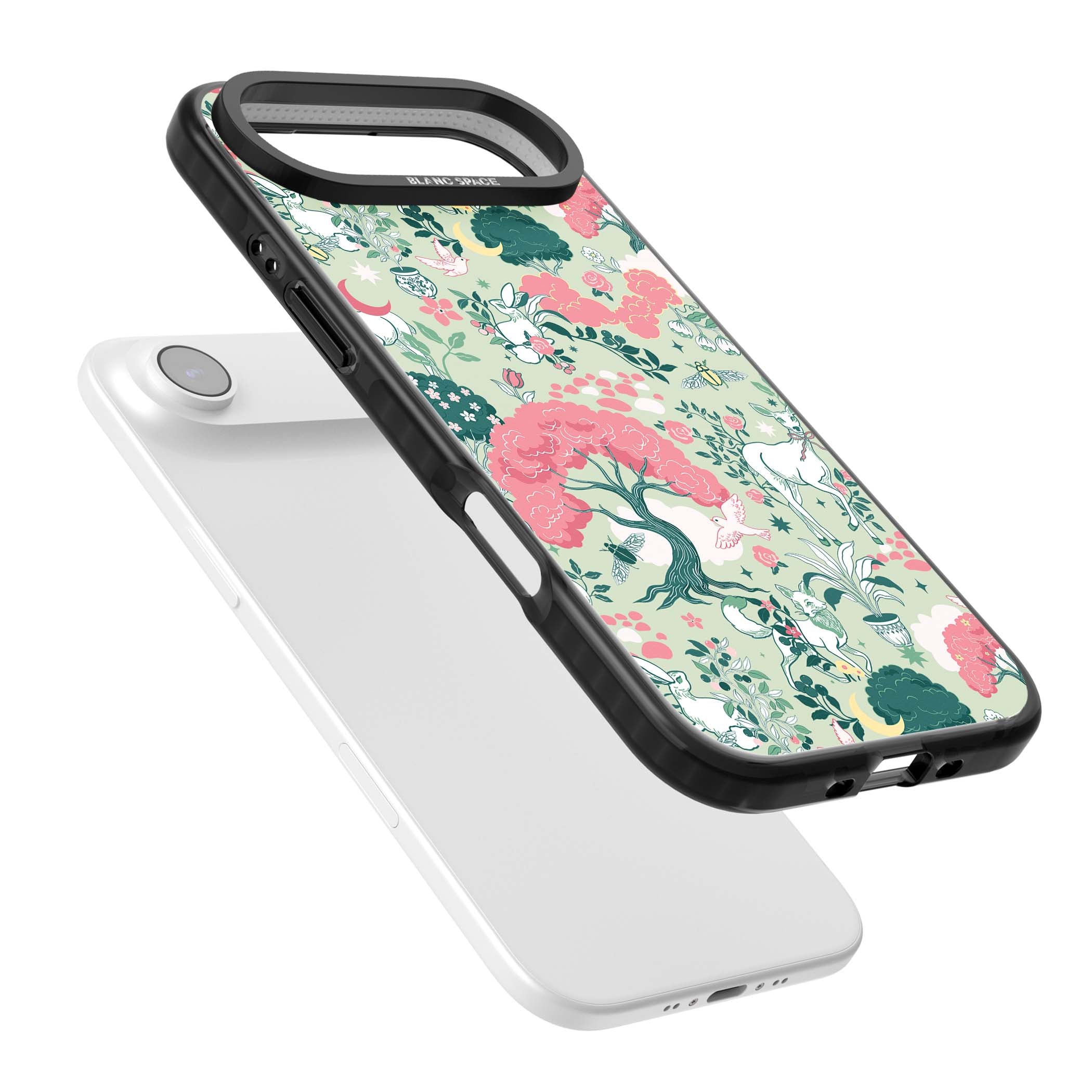 Enchanted Woodland cottagecore iPhone case featuring white deer, pink roses, mushrooms and woodland animals on sage green | Black Impact Magsafe case for iPhone Air