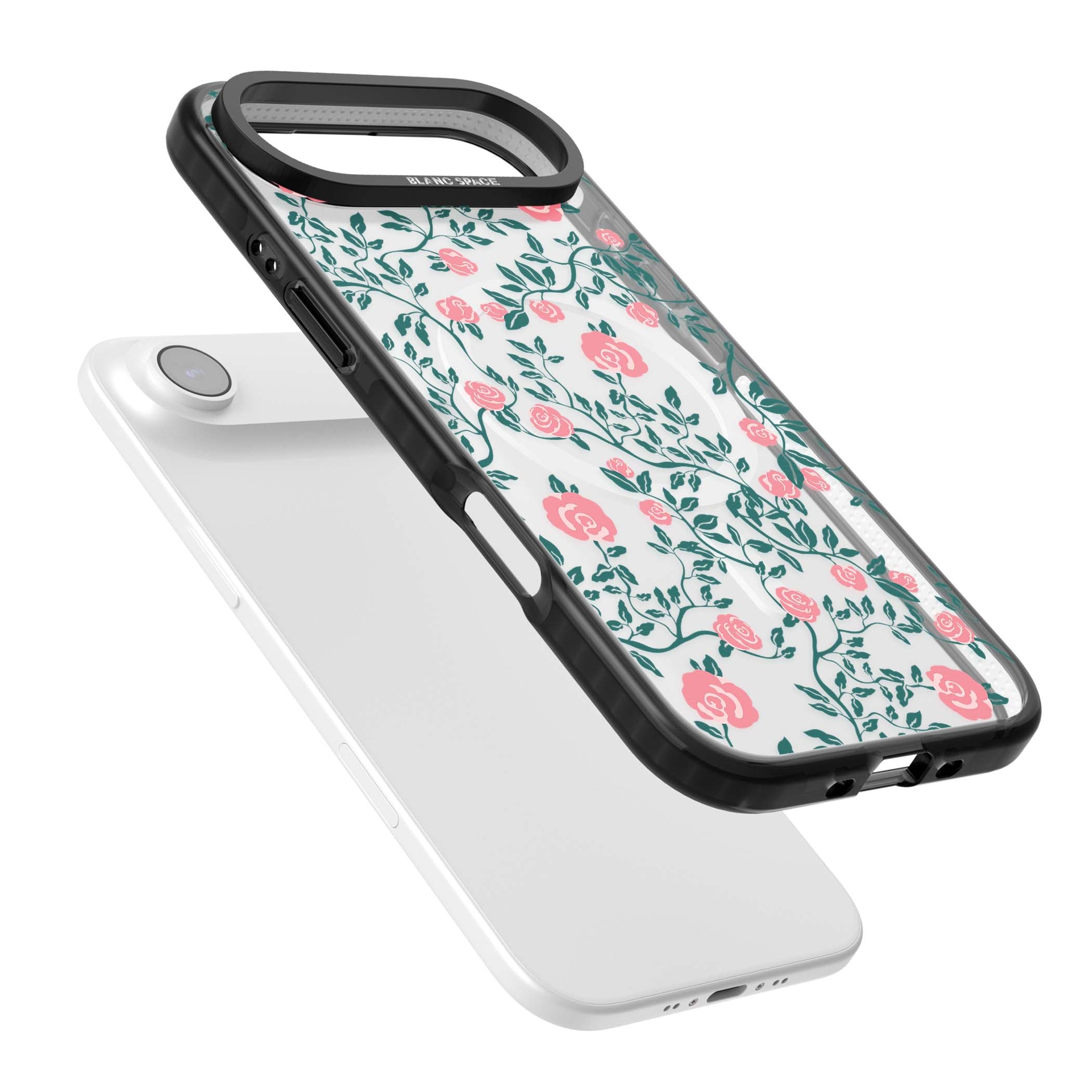 Rose Trellis (Clear) cottagecore iPhone case featuring pink climbing roses and green leaves on clear background | Black Impact Magsafe case for iPhone Air