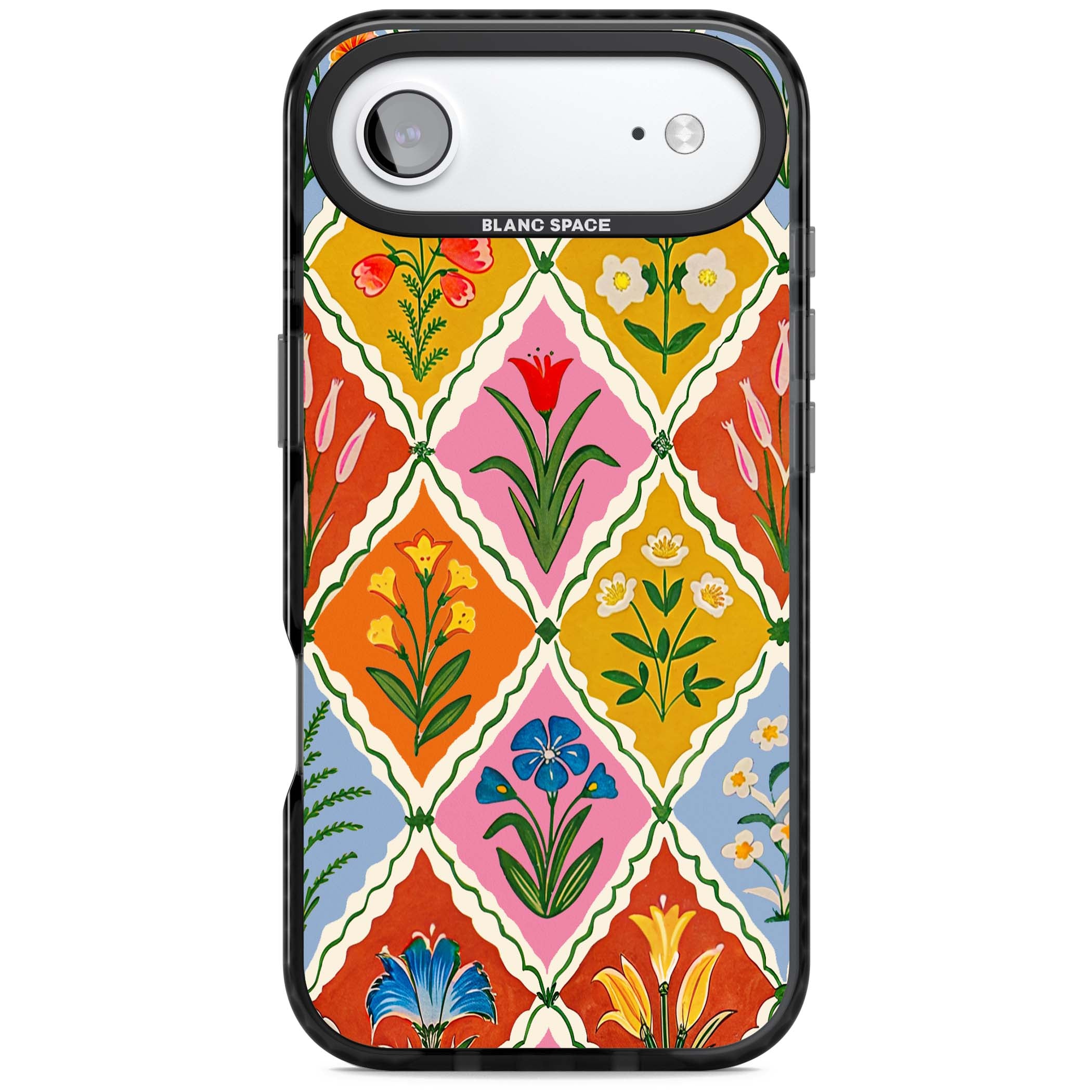 Floral Quilt boho floral iPhone case featuring diamond lattice pattern, hand-painted tulips and folk art wildflowers | Black Impact Magsafe case for iPhone Air