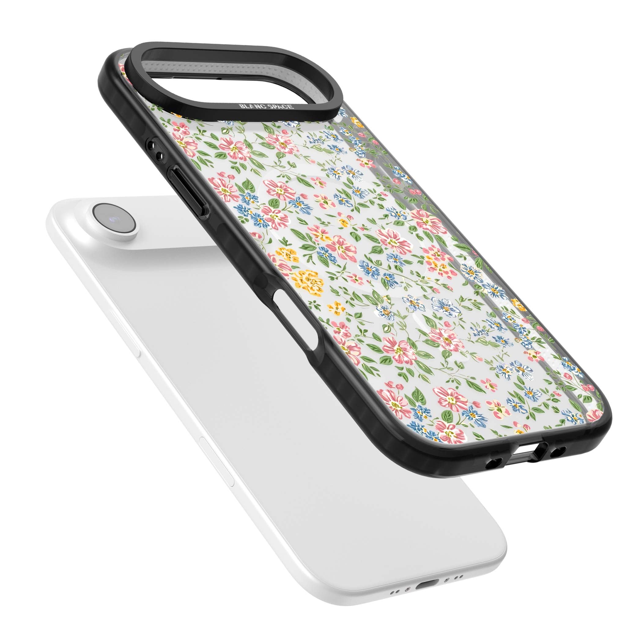Soft Meadow cottagecore iPhone case featuring pink cosmos, blue forget-me-nots, yellow buttercups and green leaves sca | Black Impact Magsafe case for iPhone Air