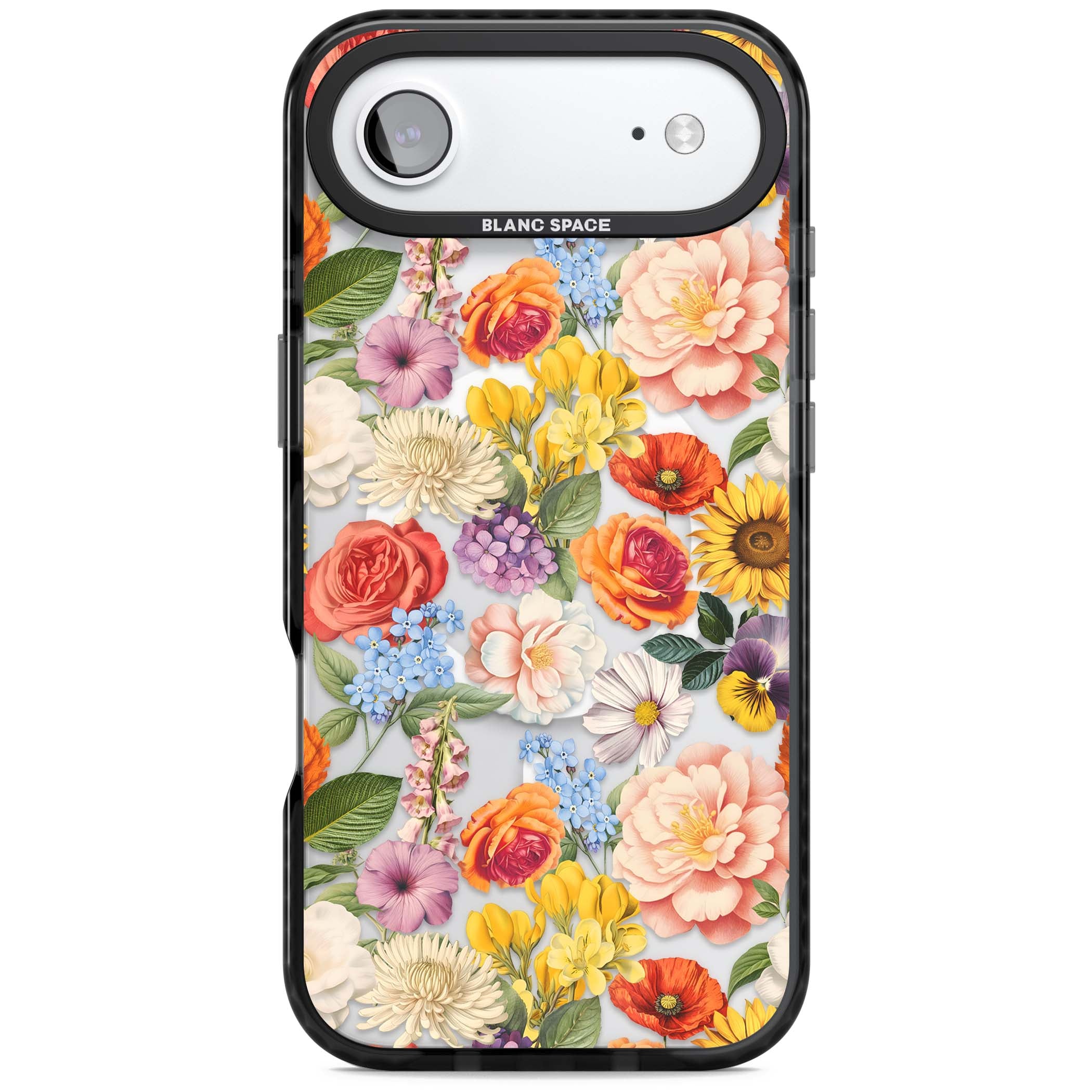 Bloom Basket floral iPhone case featuring cottage garden flowers including peonies, sunflowers, and wildflowers in pastel col | Black Impact Magsafe case for iPhone Air