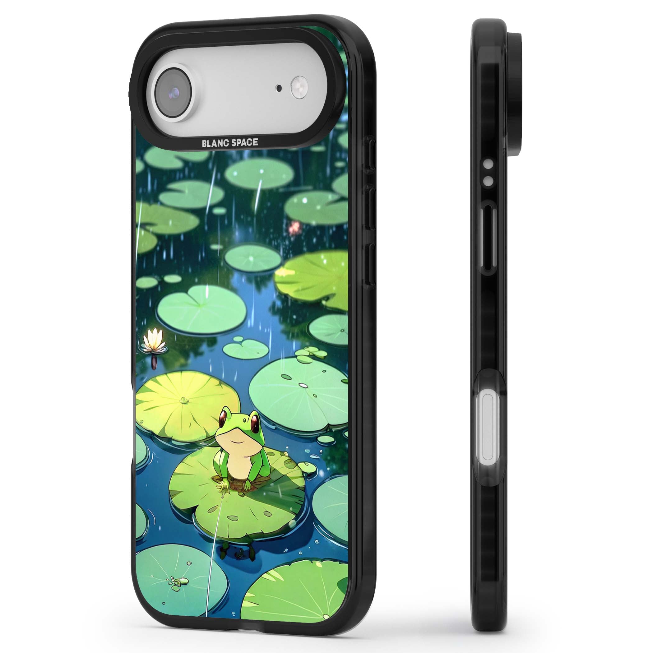 Frog In Lily Pond cottagecore iPhone case featuring a cute green frog on a lily pad with falling rain and a lotus flower | Black Impact Magsafe case for iPhone Air
