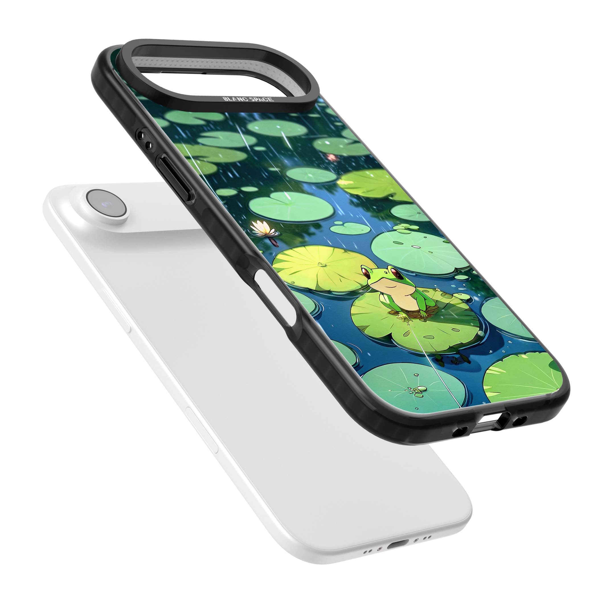 Frog In Lily Pond cottagecore iPhone case featuring a cute green frog on a lily pad with falling rain and a lotus flower | Black Impact Magsafe case for iPhone Air