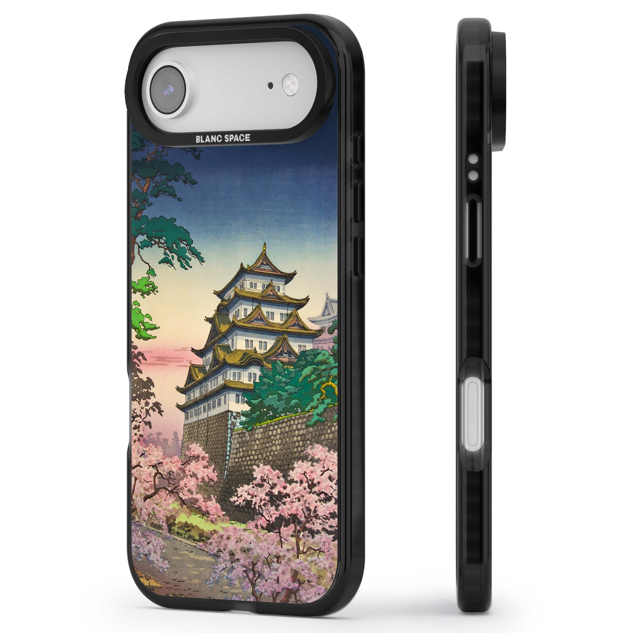 Nagoya Castle Japanese iPhone case featuring a vintage pagoda, twilight sky and cherry blossom trees | Black Impact Magsafe case for iPhone Air