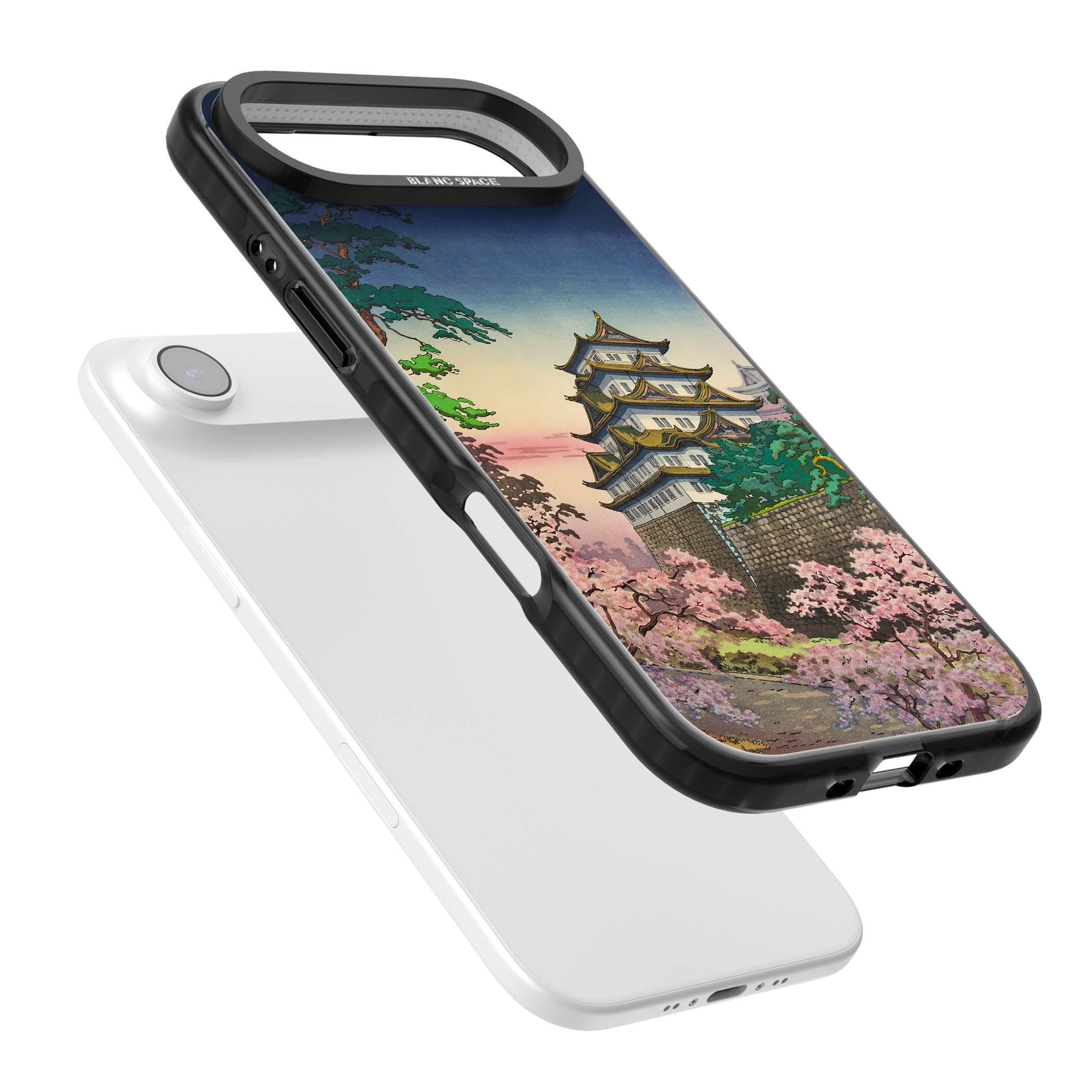 Nagoya Castle Japanese iPhone case featuring a vintage pagoda, twilight sky and cherry blossom trees | Black Impact Magsafe case for iPhone Air