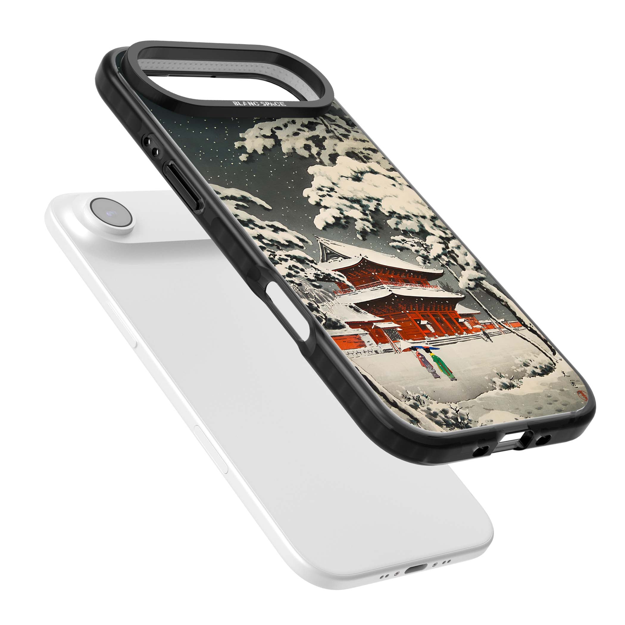 Snow at Shiha Park, Tokyo Japanese art iPhone case featuring a vintage ukiyo-e snowy temple, red pagoda, and snow-covered pin | Black Impact Magsafe case for iPhone Air
