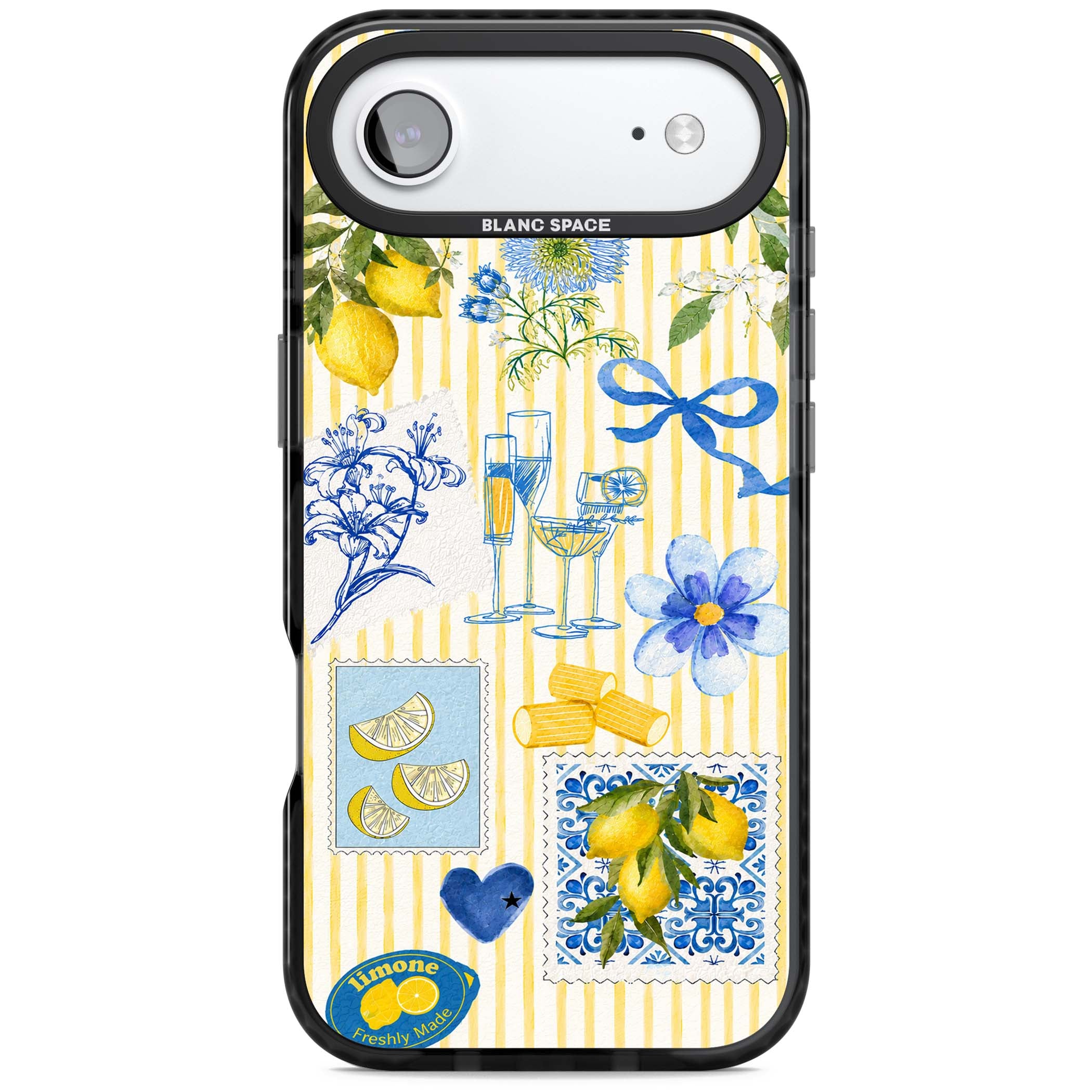Limone Riviera Italian summer iPhone case featuring watercolour lemons, blue ribbon bows and majolica tile stamps on... | Black Impact Magsafe case for iPhone Air
