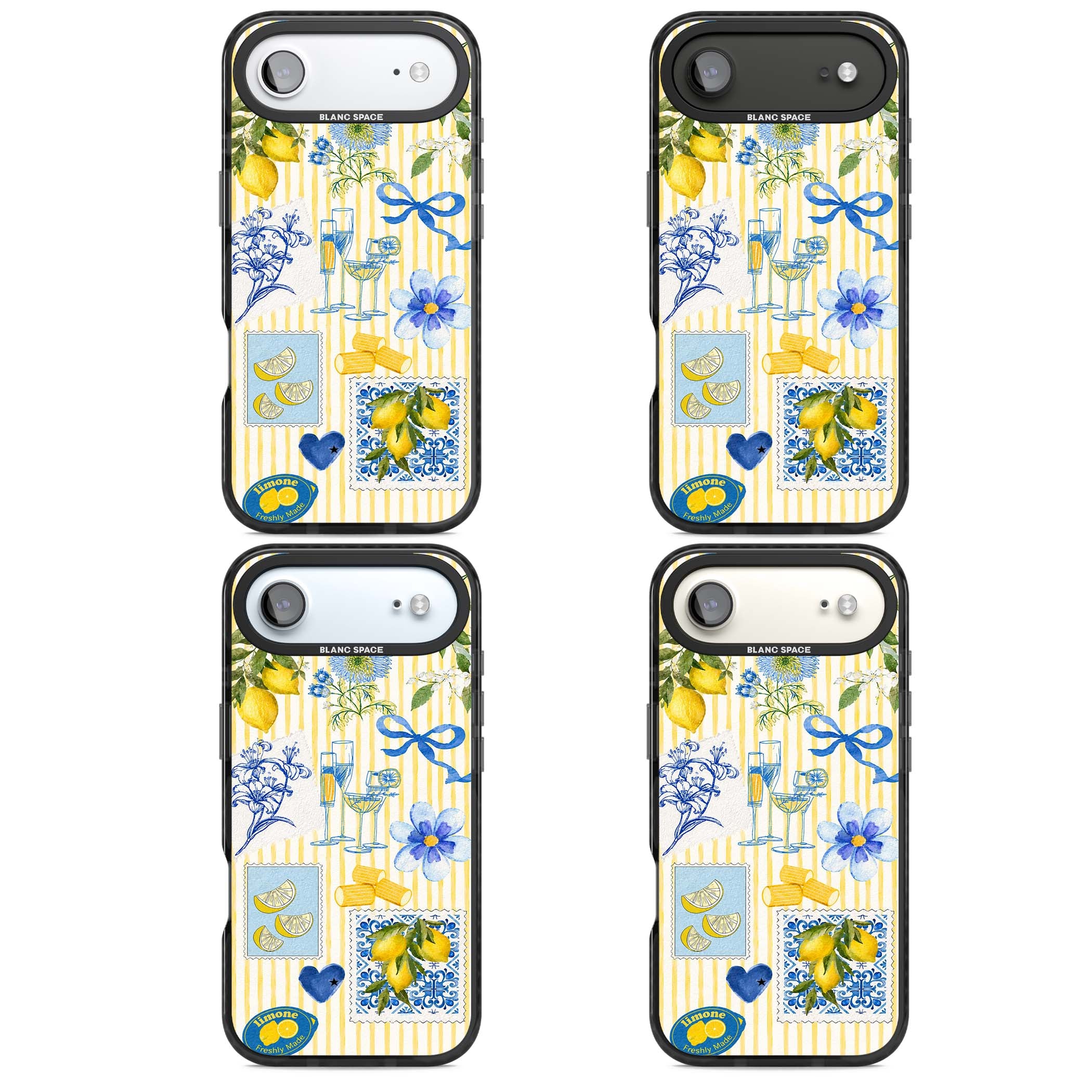 Limone Riviera Italian summer iPhone case featuring watercolour lemons, blue ribbon bows and majolica tile stamps on... | Black Impact Magsafe case for iPhone Air