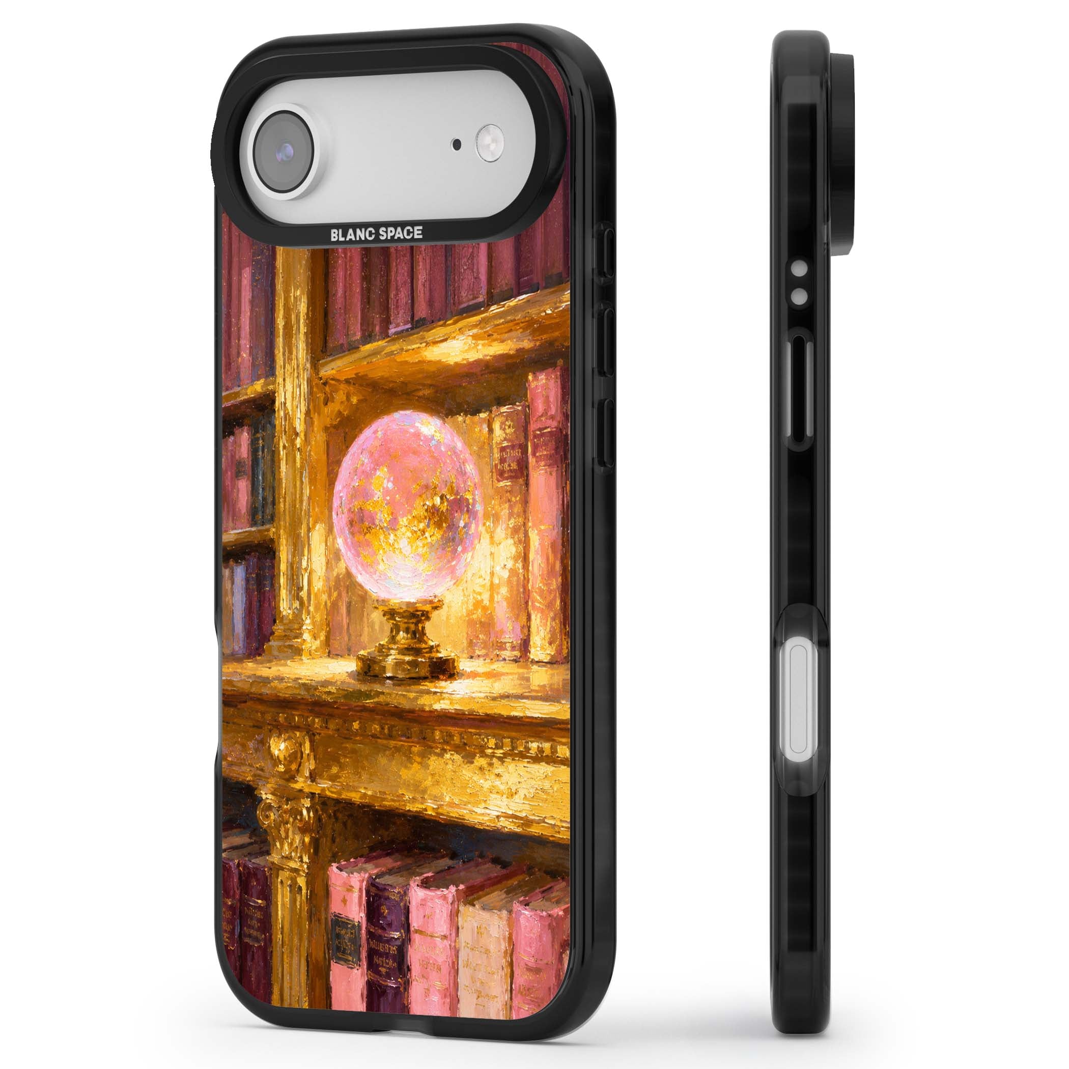 Gilded Library dark academia iPhone case featuring an oil painted crystal ball on a gilded library shelf with vintage | Black Impact Magsafe case for iPhone Air