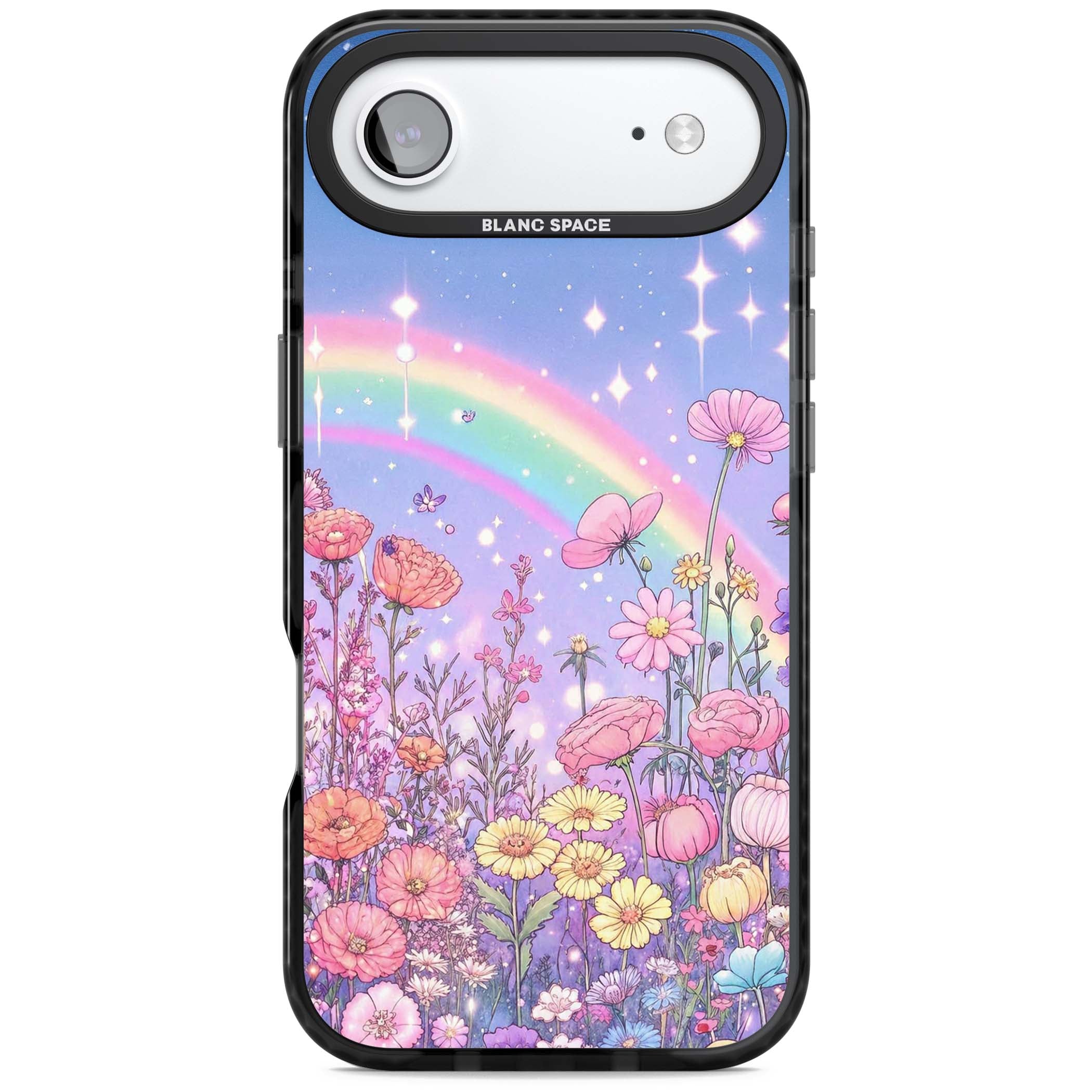 Magical Meadow fairycore iPhone case featuring a pastel rainbow, sparkling stars and a wildflower meadow | Black Impact Magsafe case for iPhone Air