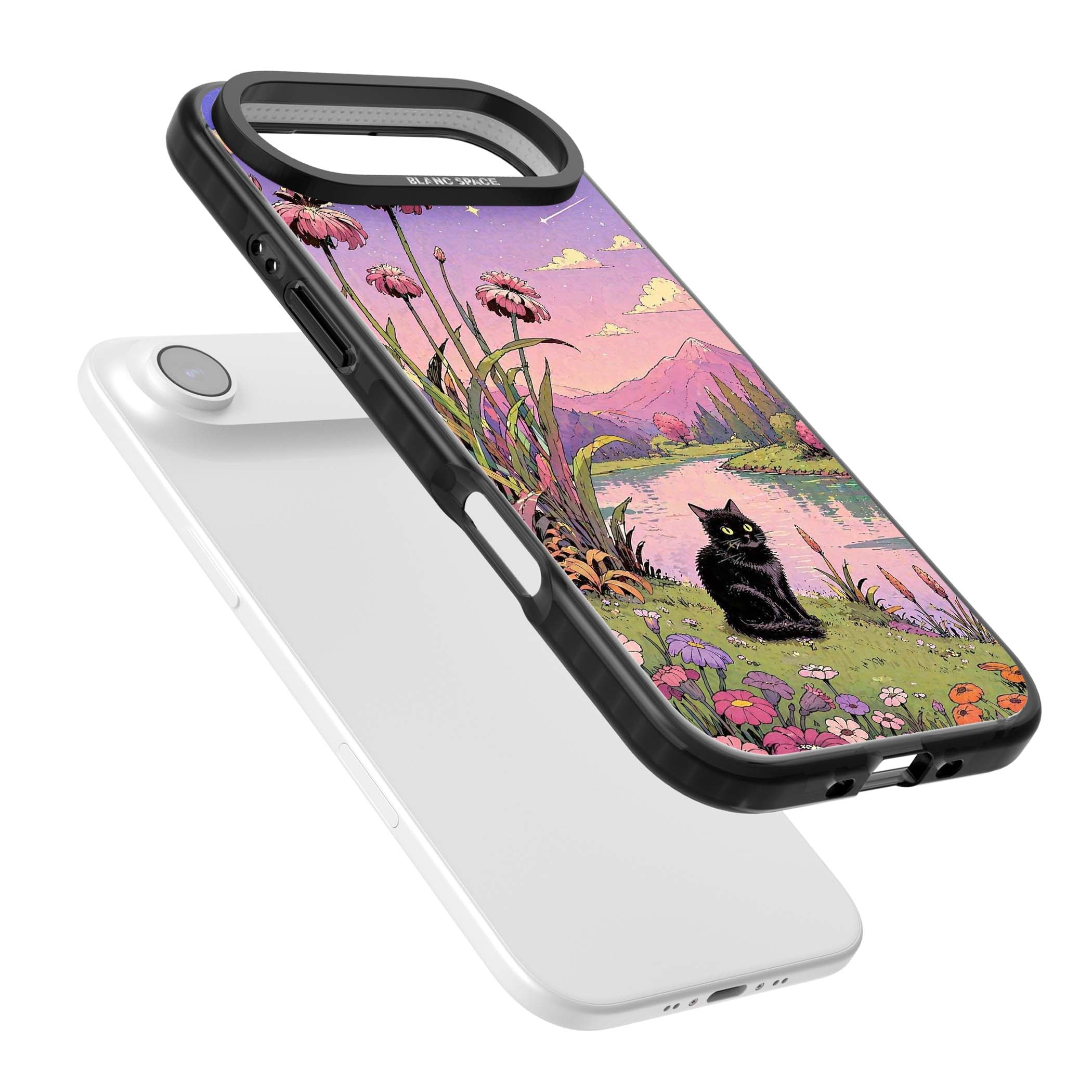Mystic Whiskers ghibli iPhone case featuring a black cat by a pastel lake, wildflowers and a starry sunset sky | Black Impact Magsafe case for iPhone Air