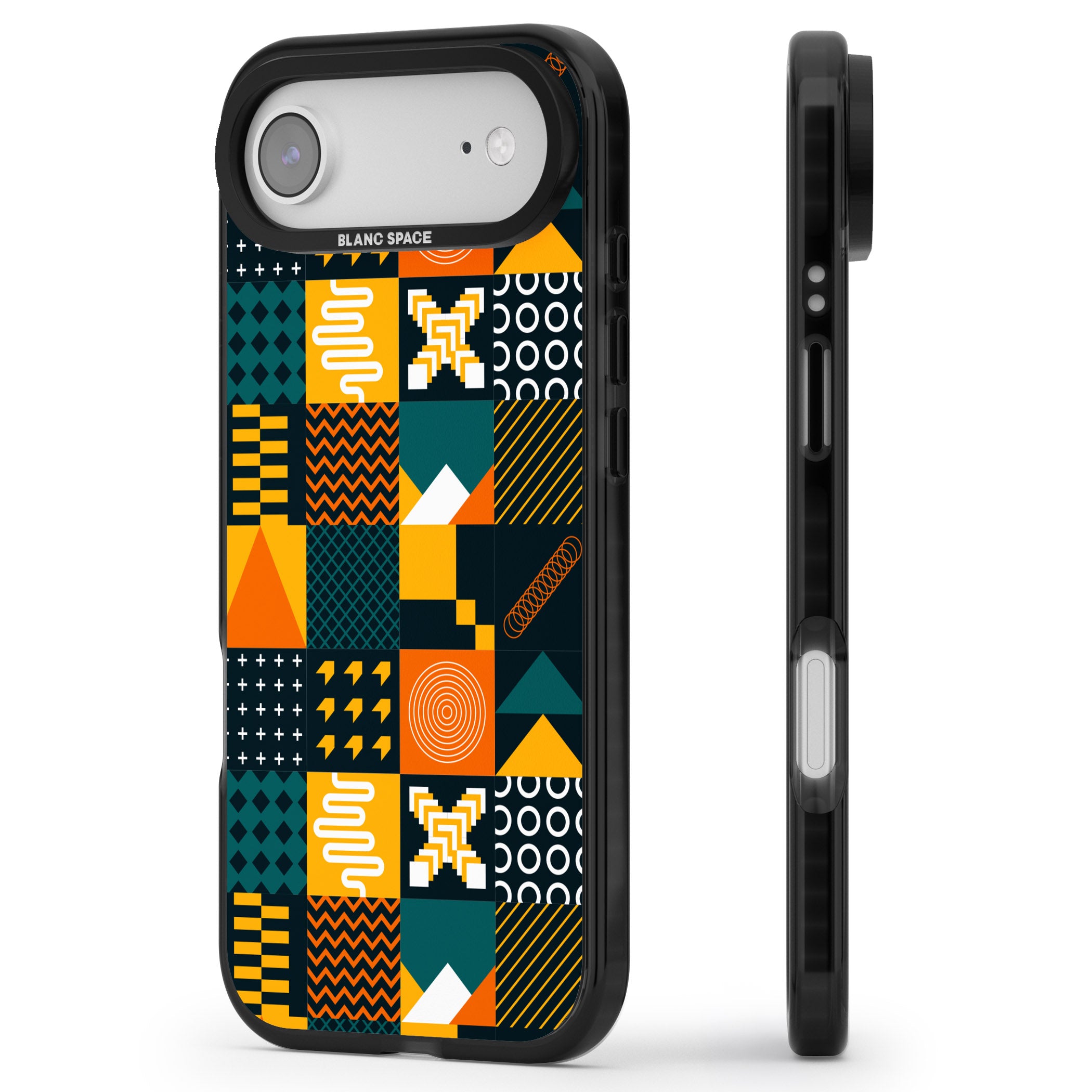 Funky Geometric Patterns: Orange & Dark Green iPhone 17 Air Impact Pro Black Phone Case Side Profile