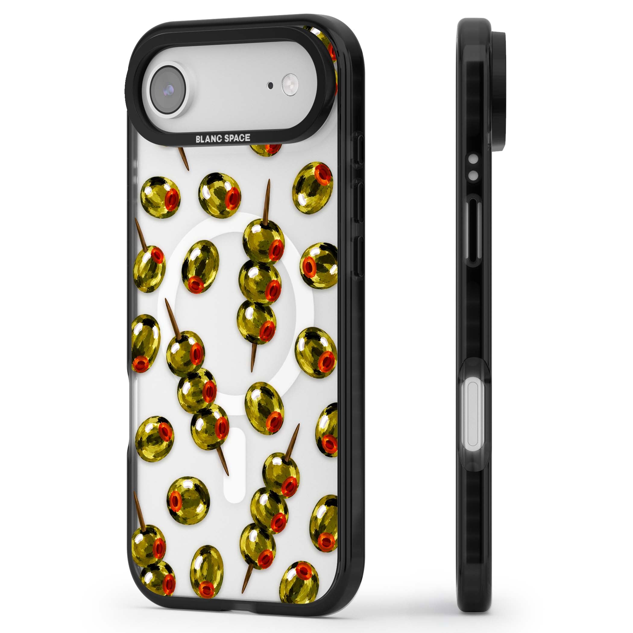 Painted Olives cocktail iPhone case featuring green olives, pimento centres and toothpick skewers on a clear background | Black Impact Magsafe case for iPhone Air