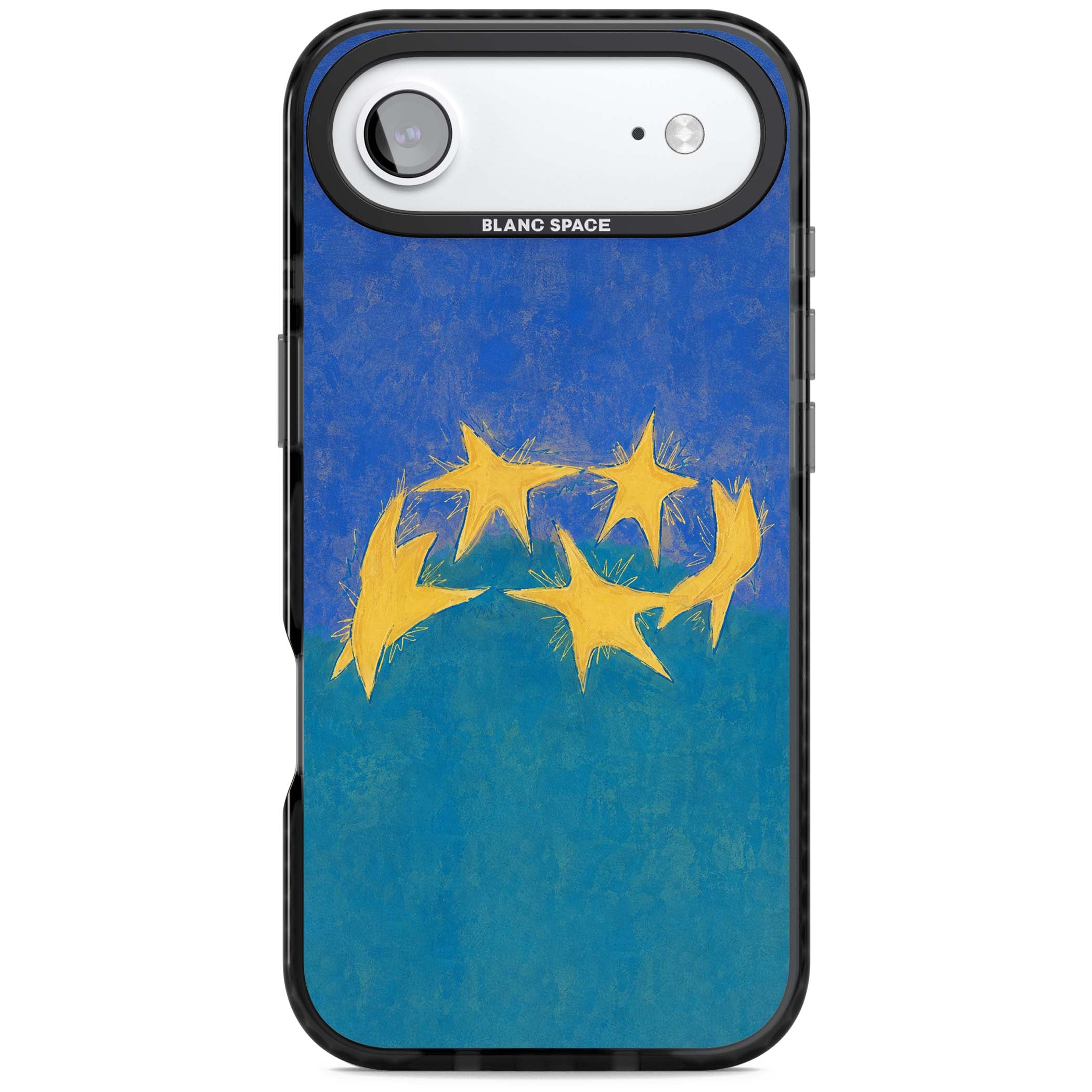 Star Boogie stars aesthetic iPhone case featuring five yellow hand-painted stars on cobalt blue and teal | Black Impact Magsafe case for iPhone Air