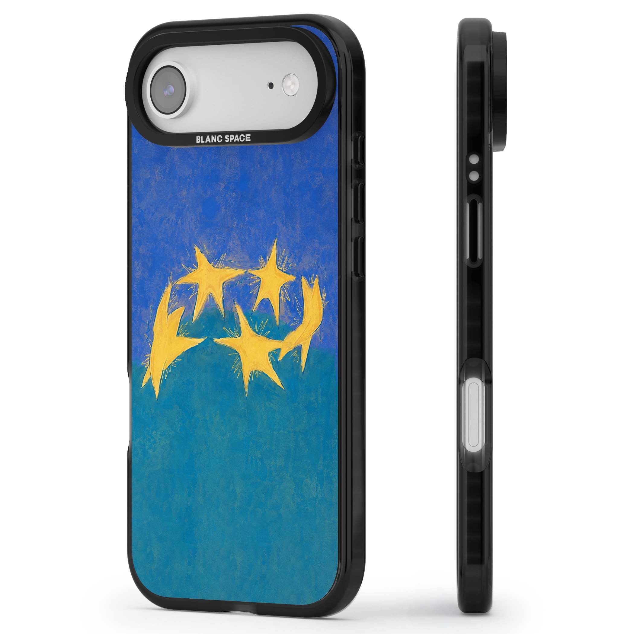 Star Boogie stars aesthetic iPhone case featuring five yellow hand-painted stars on cobalt blue and teal | Black Impact Magsafe case for iPhone Air