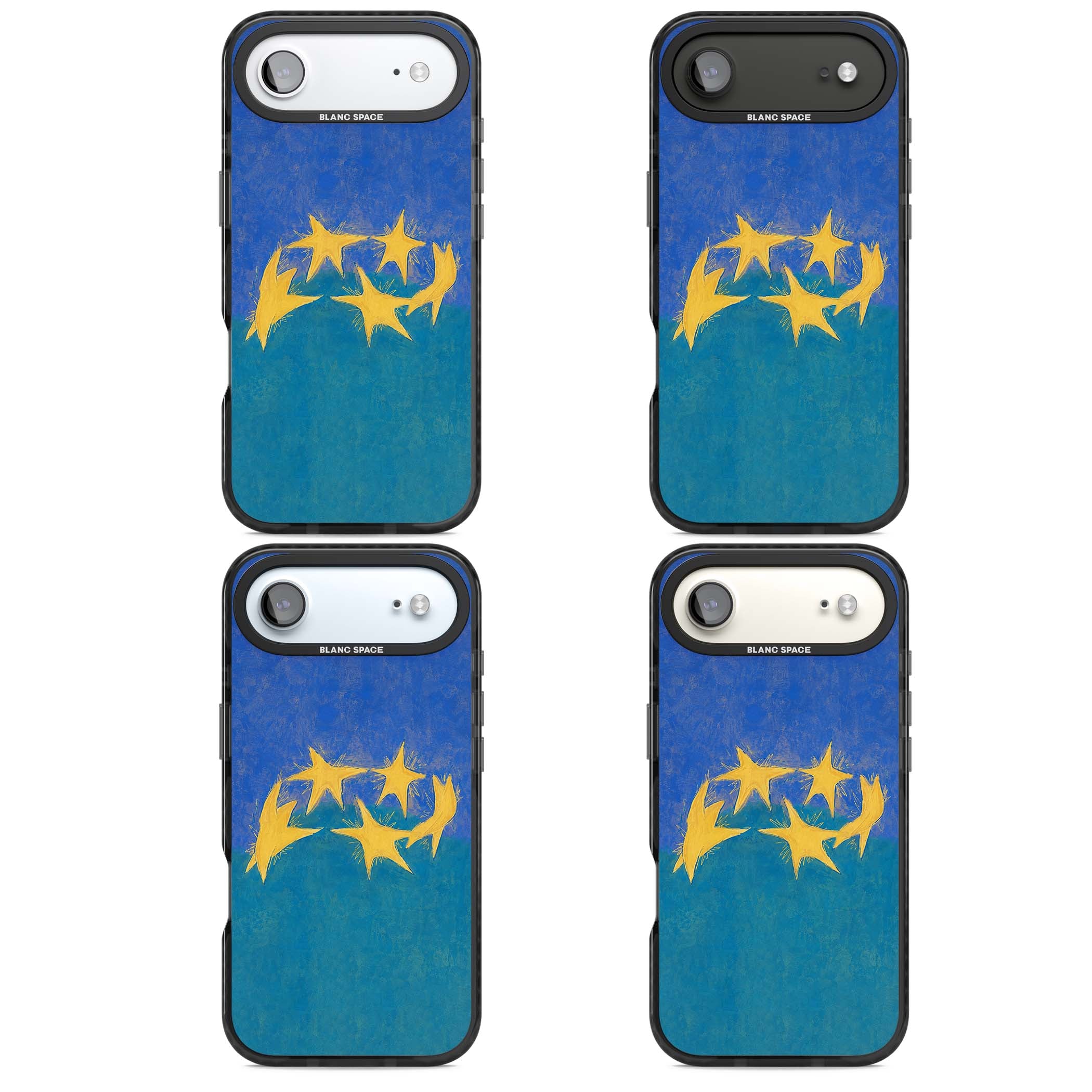 Star Boogie stars aesthetic iPhone case featuring five yellow hand-painted stars on cobalt blue and teal | Black Impact Magsafe case for iPhone Air