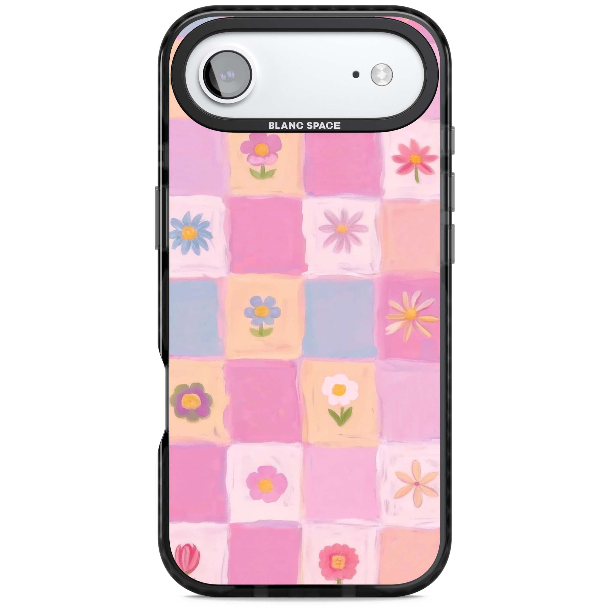Pastel Flower Patchwork cottagecore iPhone case featuring painted pink and lilac squares with daisies and wildflowers | Black Impact Magsafe case for iPhone Air