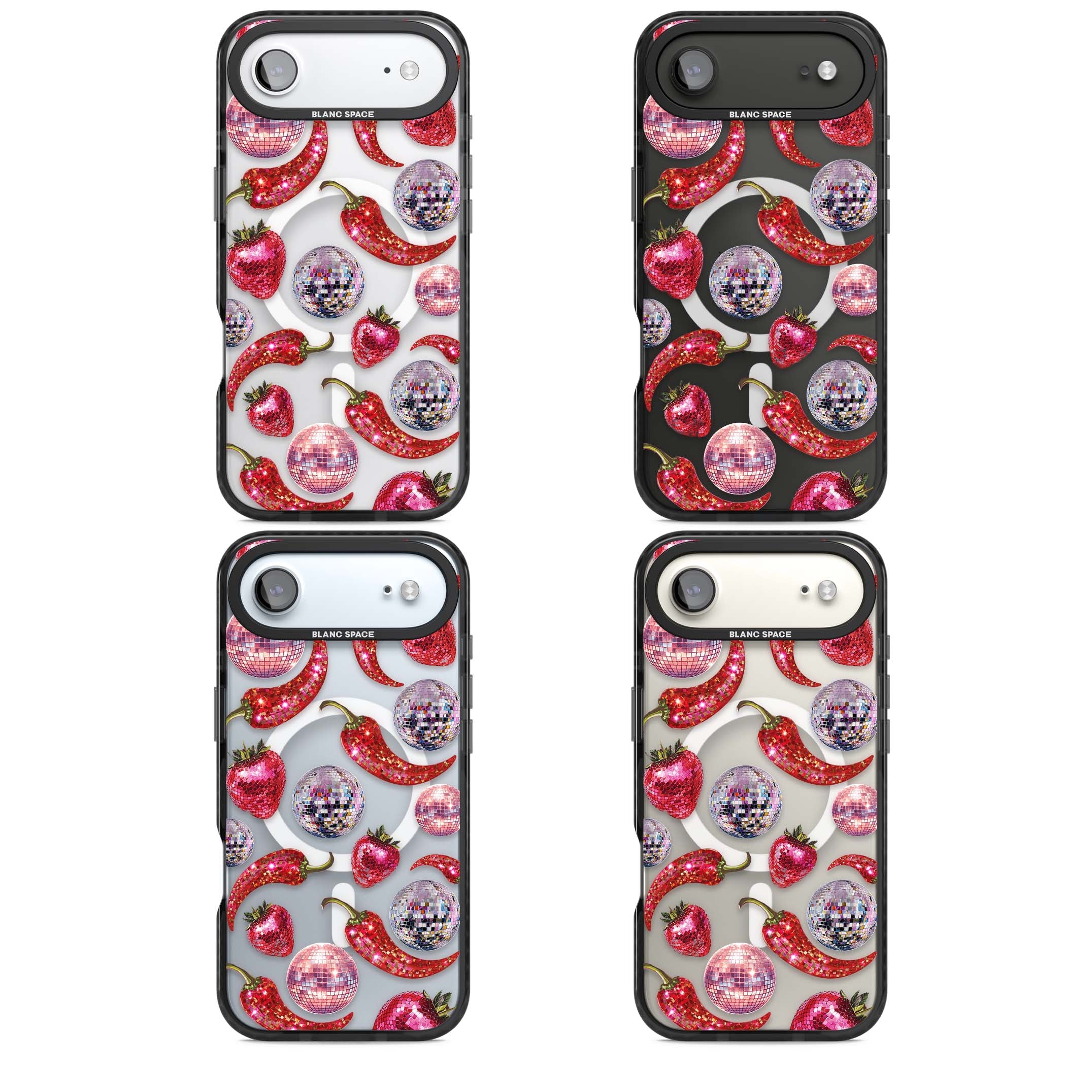 Spicy Disco Y2K iPhone case featuring glitter disco balls, sparkly strawberries and red chilli peppers | Black Impact Magsafe case for iPhone Air