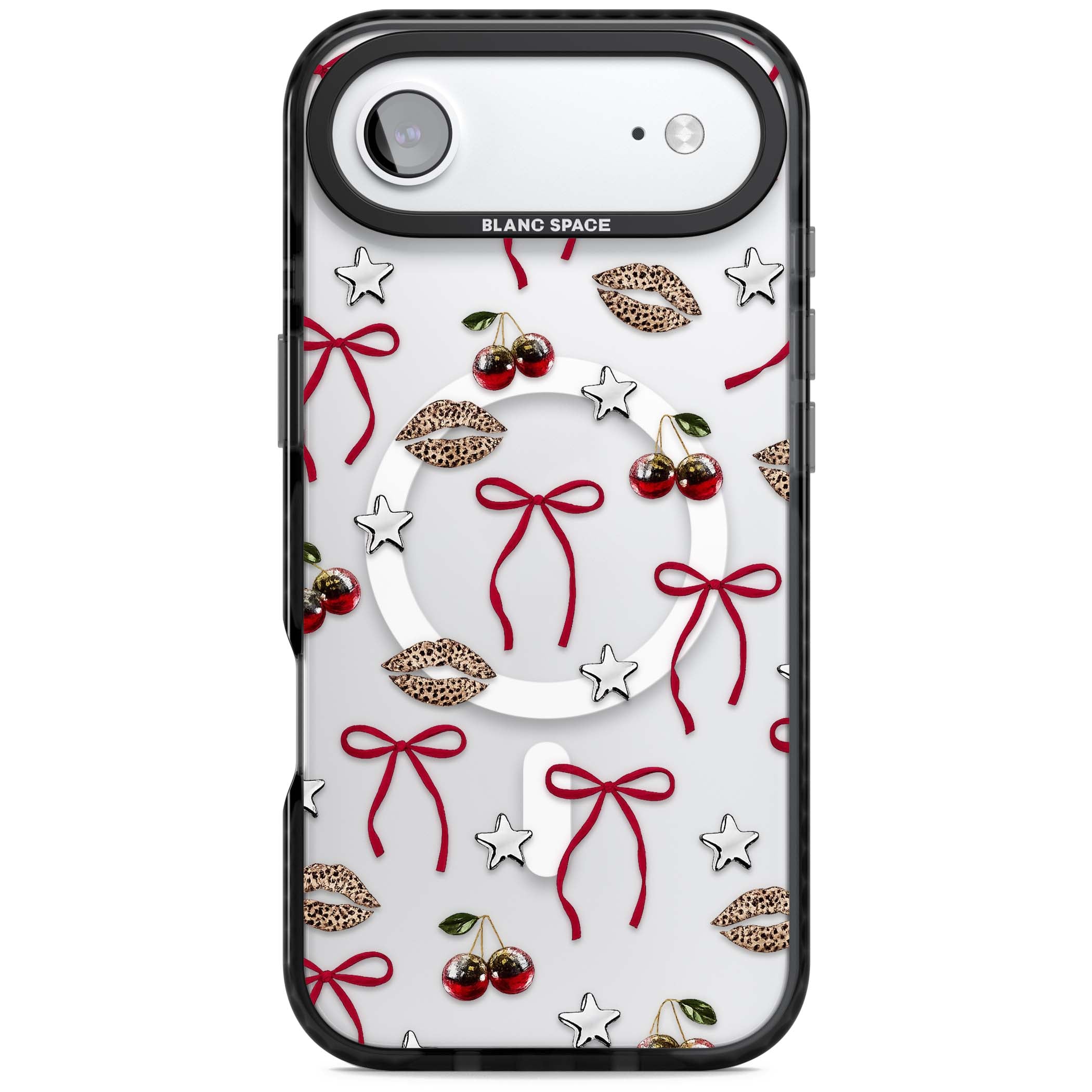 Starlet coquette iPhone case featuring red ribbon bows, disco cherries and leopard-print lips | Black Impact Magsafe case for iPhone Air