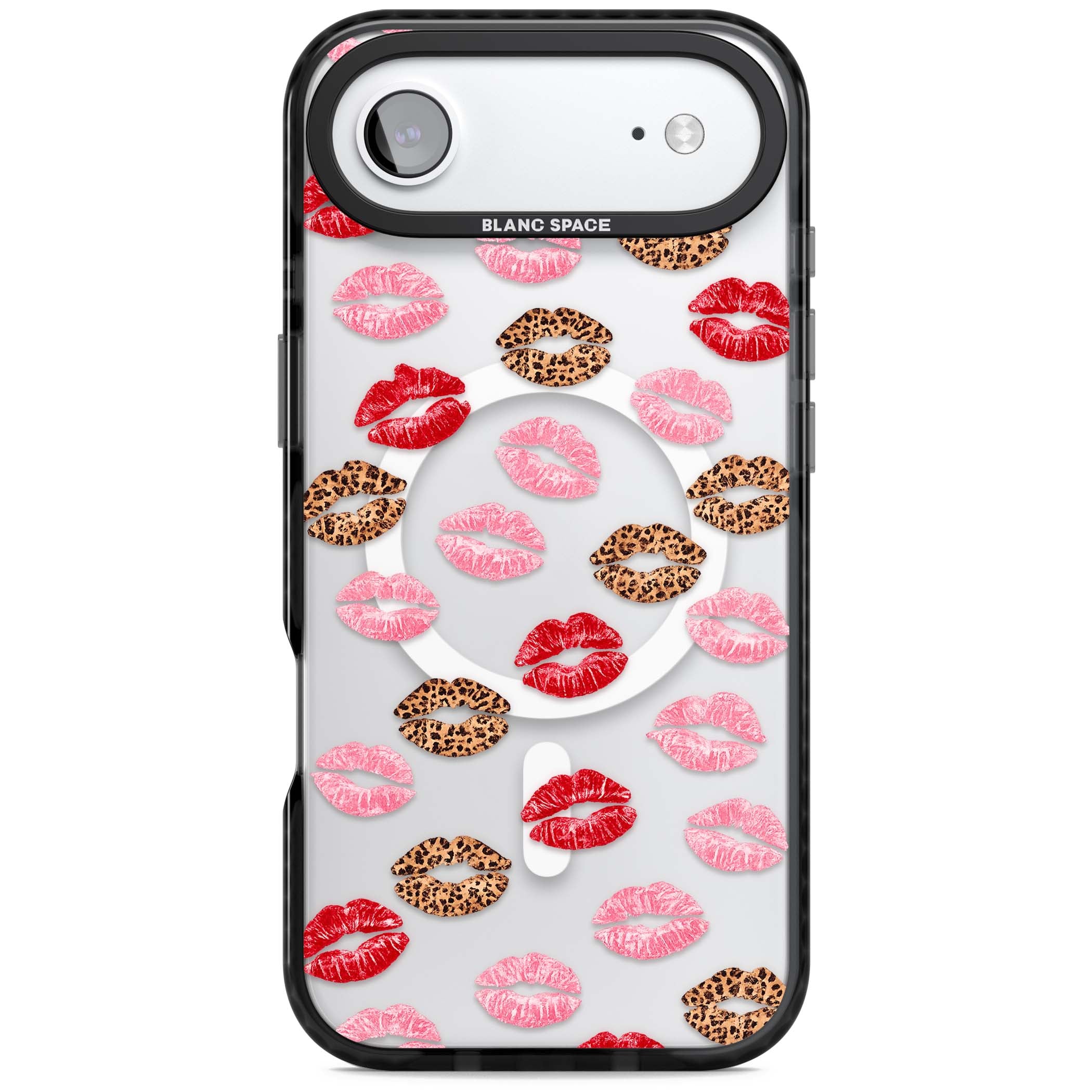 Wild Kisses coquette iPhone case featuring red, pink and leopard print lipstick kiss marks on a clear background | Black Impact Magsafe case for iPhone Air