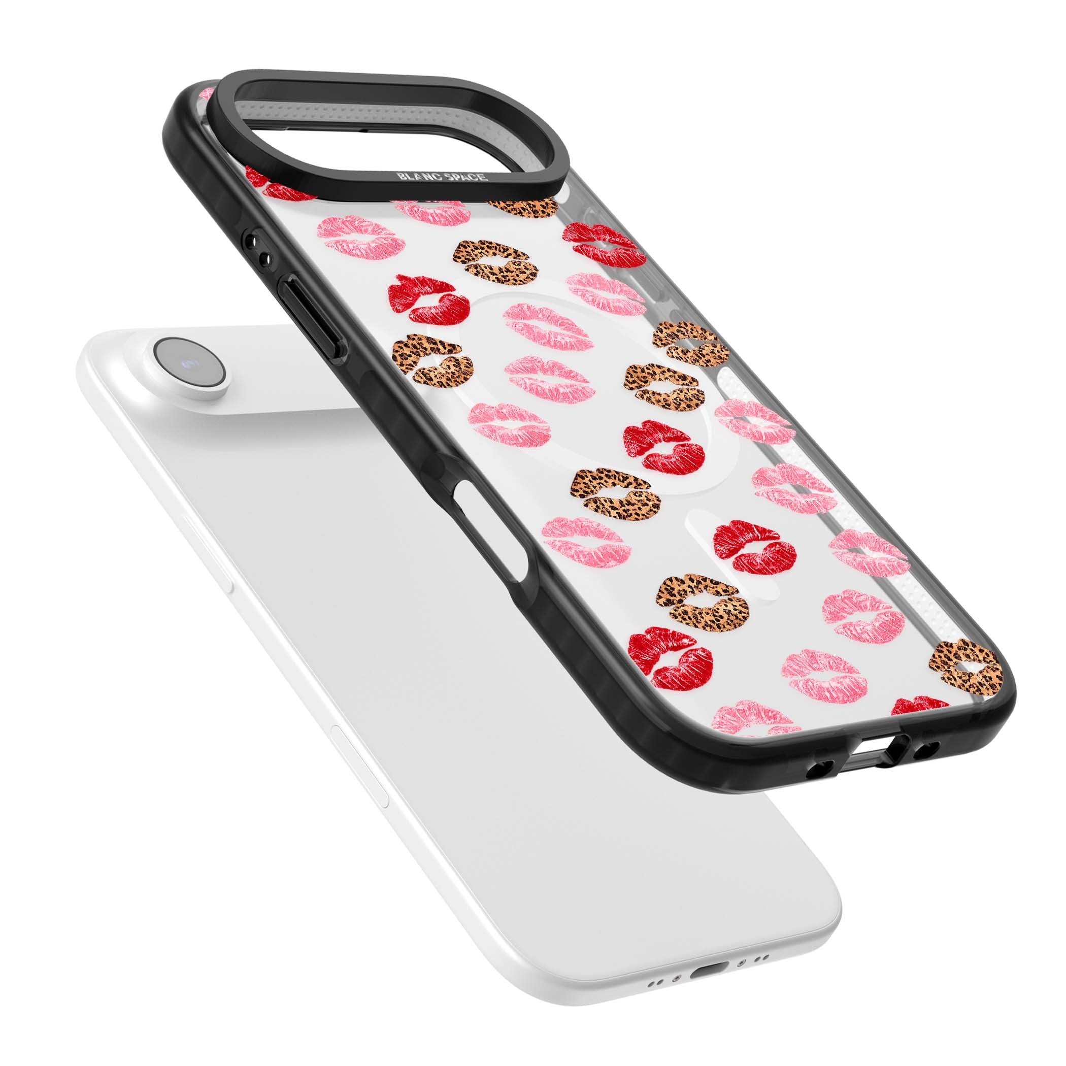 Wild Kisses coquette iPhone case featuring red, pink and leopard print lipstick kiss marks on a clear background | Black Impact Magsafe case for iPhone Air