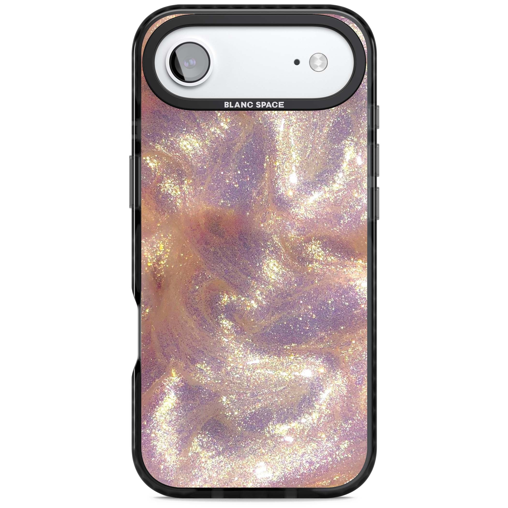 Shimmer marble iPhone case featuring rose gold glitter swirls, lilac shimmer and iridescent pearl finish | Black Impact Magsafe case for iPhone Air