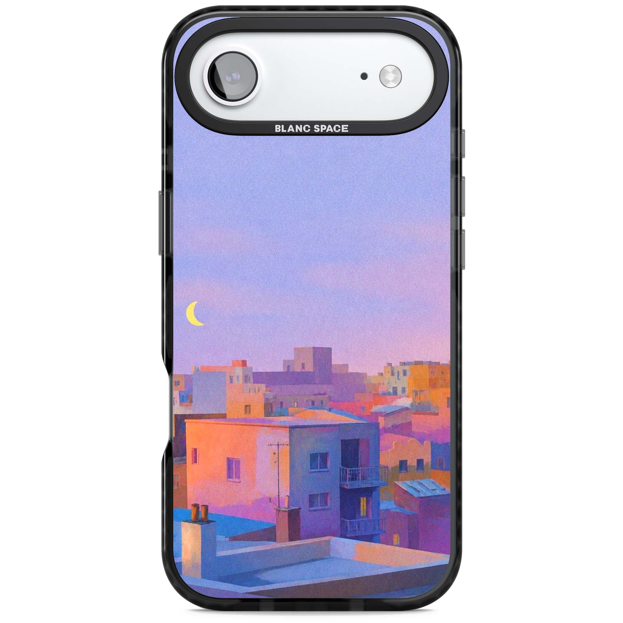 Twilight Rooftops vaporwave iPhone case featuring a pastel sunset cityscape, painted rooftops and a crescent moon. | Black Impact Magsafe case for iPhone Air
