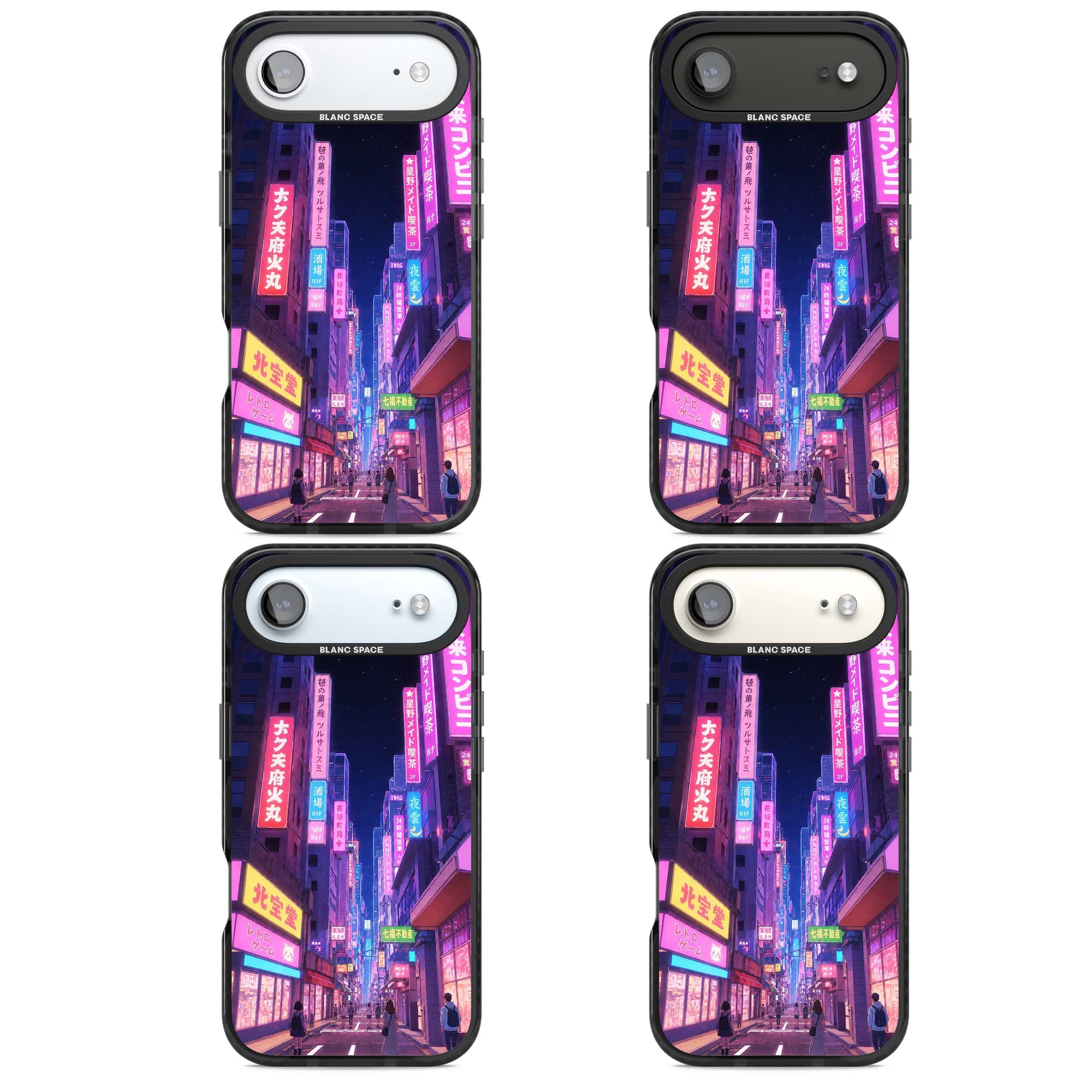 Shibuya At Night Japanese neon city iPhone case featuring glowing kanji signs, pink storefronts and a Tokyo street at n | Black Impact Magsafe case for iPhone Air