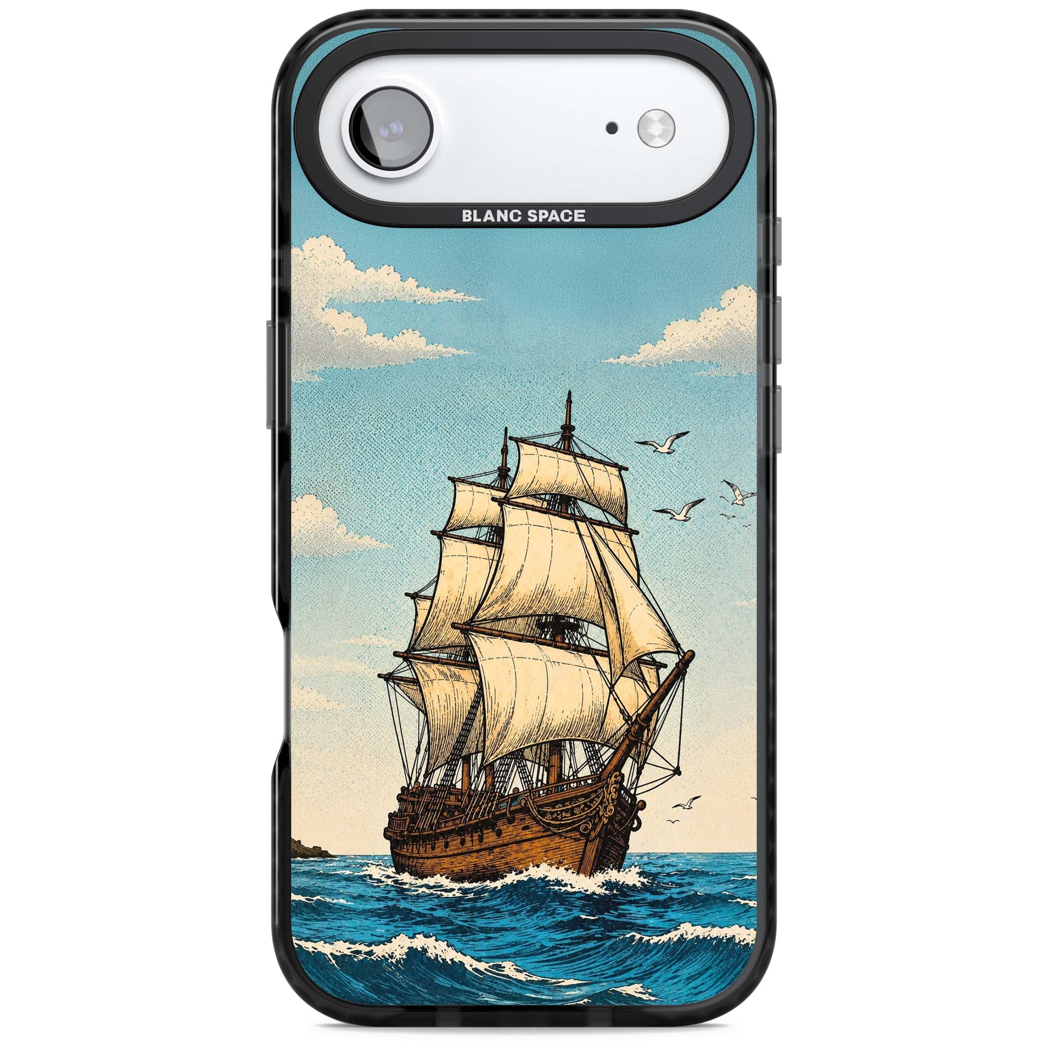 Ship at Sea nautical iPhone case featuring a vintage tall ship, ocean waves and seagulls | Black Impact Magsafe case for iPhone Air