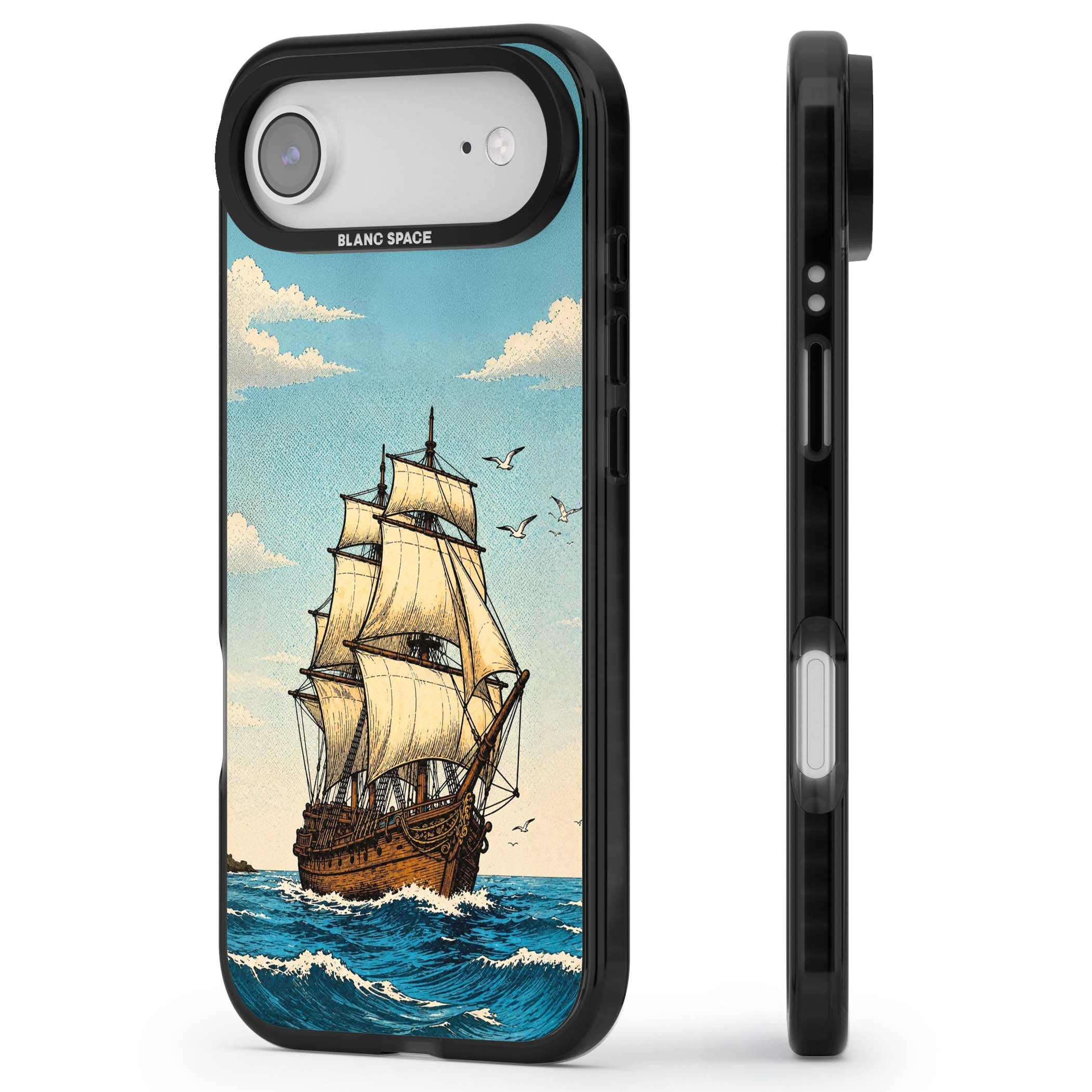Ship at Sea nautical iPhone case featuring a vintage tall ship, ocean waves and seagulls | Black Impact Magsafe case for iPhone Air