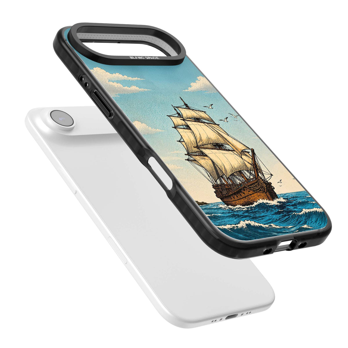 Ship at Sea nautical iPhone case featuring a vintage tall ship, ocean waves and seagulls | Black Impact Magsafe case for iPhone Air