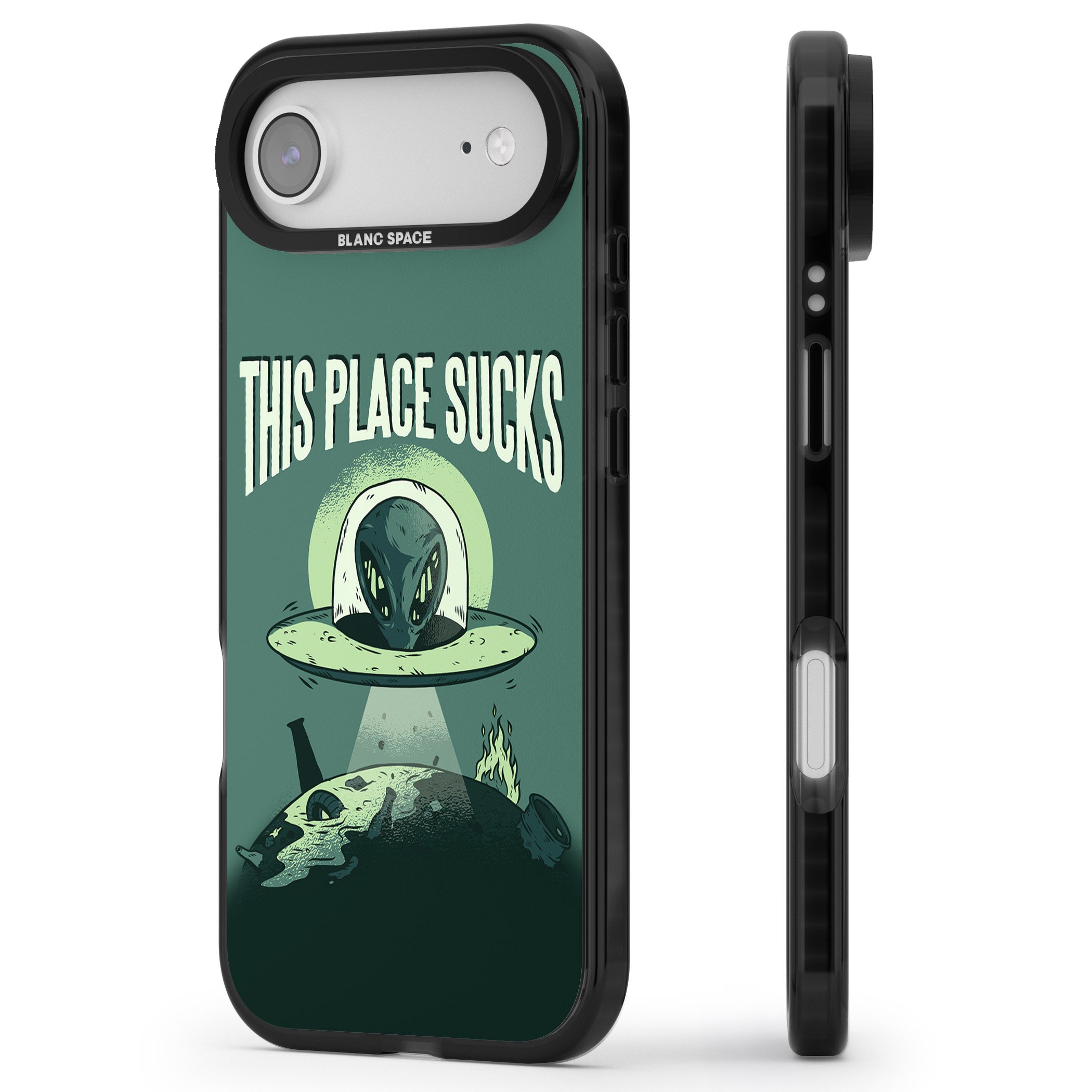 Earth Sucks iPhone 17 Air Impact Pro Black Phone Case Side Profile