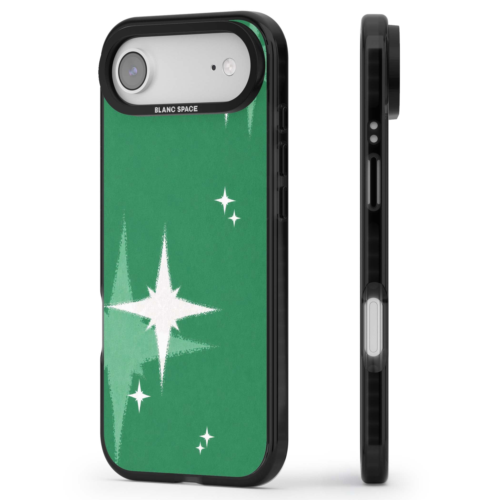 Green Sparkle celestial iPhone case featuring sparkling white four-point stars on a deep green background | Black Impact Magsafe case for iPhone Air