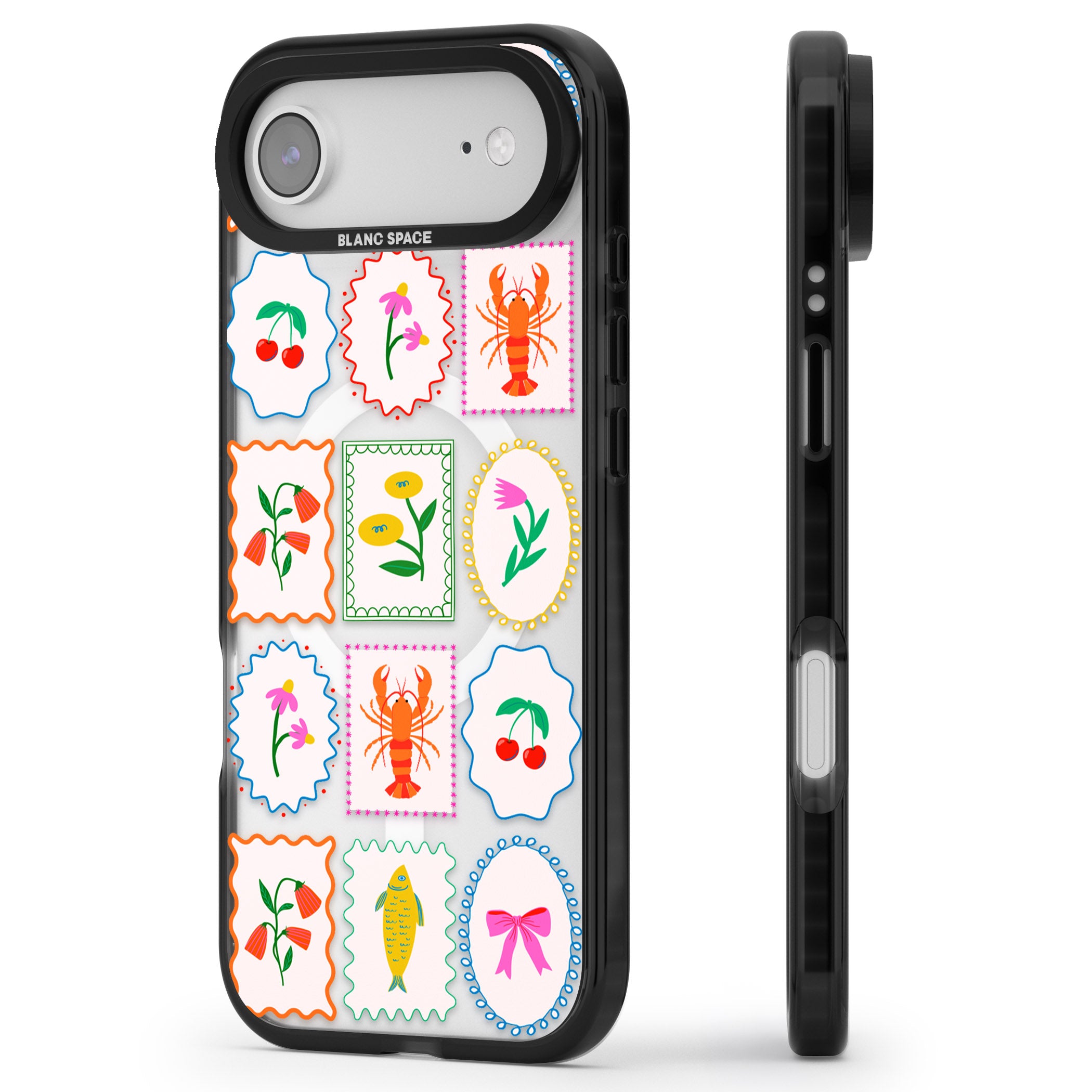 Floral Seafood Stamps iPhone 17 Air Impact Pro Black Phone Case Side Profile