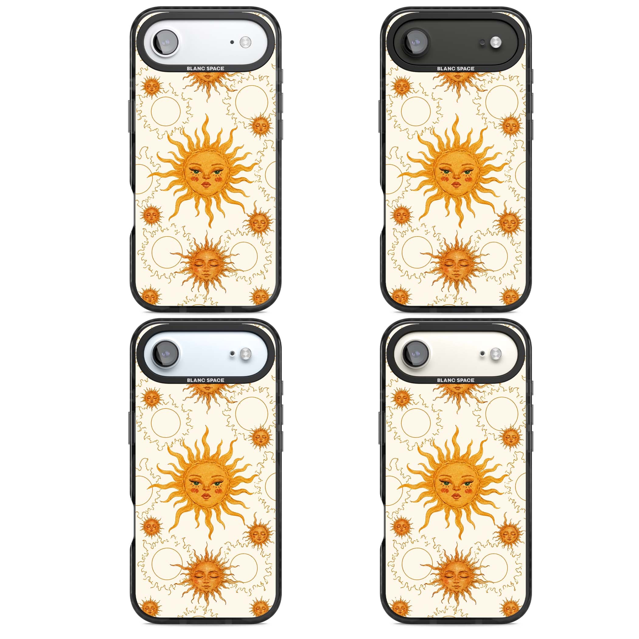Solstice Muse celestial iPhone case featuring hand-painted golden sun faces, closed-eye sun goddesses and outlined moons... | Black Impact Magsafe case for iPhone Air