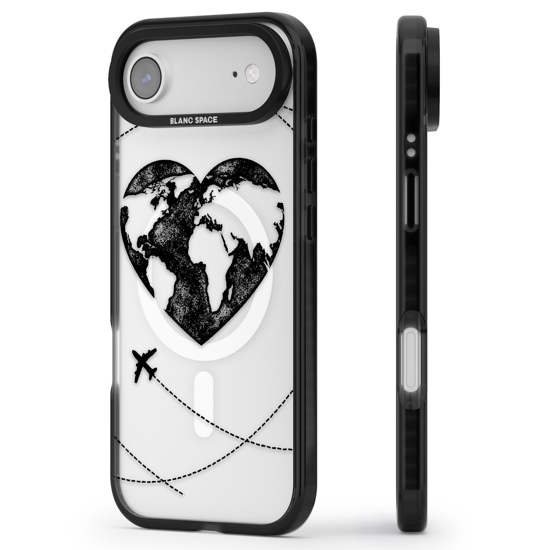 Globe Heart iPhone 17 Air Impact Pro Black Phone Case Side Profile