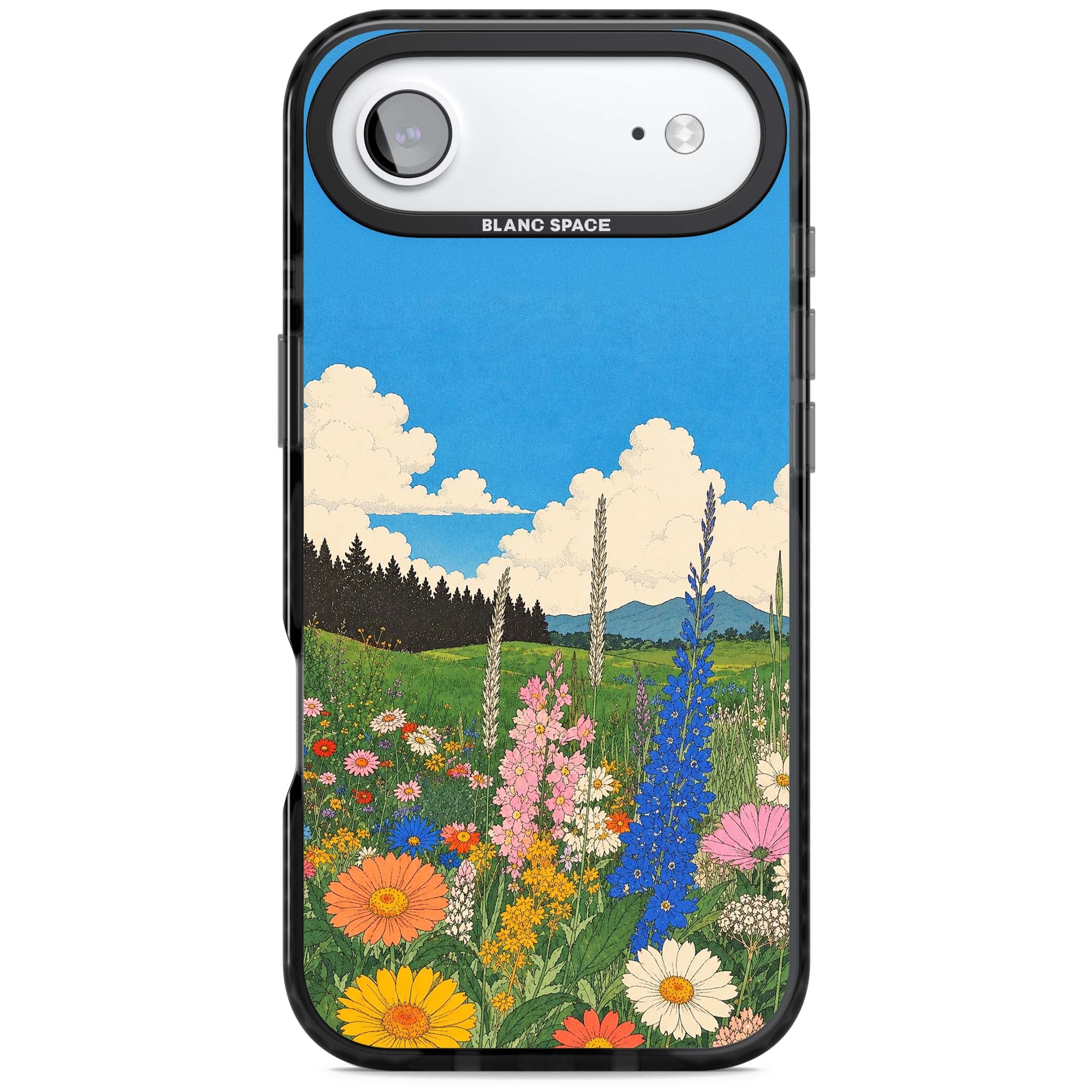 Wildbloom wildflower iPhone case featuring a vintage Japanese-style meadow landscape with daisies, delphiniums and moun | Black Impact Magsafe case for iPhone Air