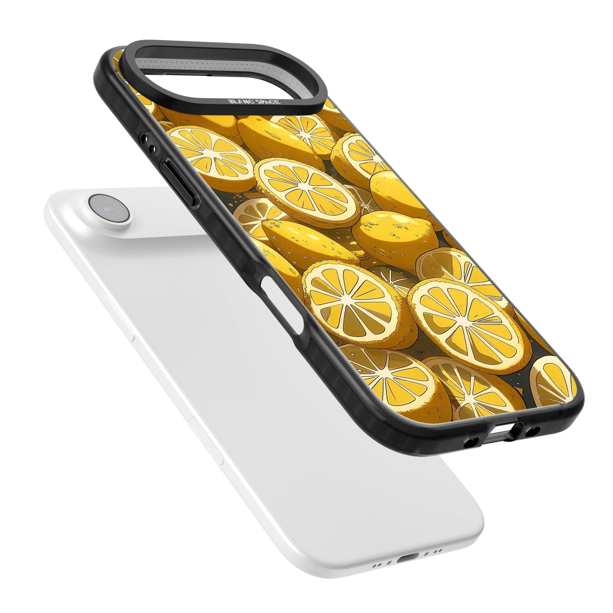 Zesty coastal iPhone case featuring illustrated Mediterranean lemons and citrus slices in golden yellow | Black Impact Magsafe case for iPhone Air