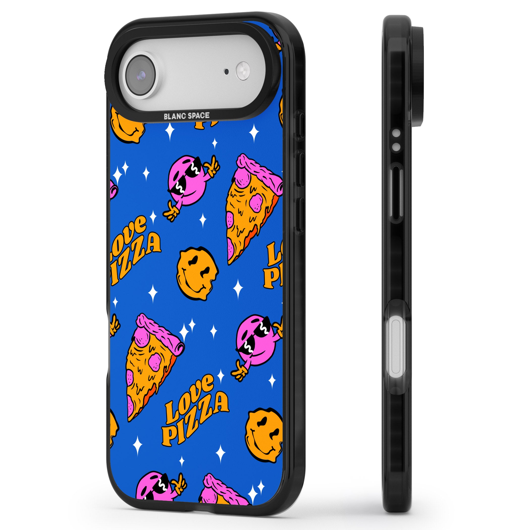 Psychedelic Love Pizza Pattern iPhone 17 Air Impact Black Phone Case Side Profile