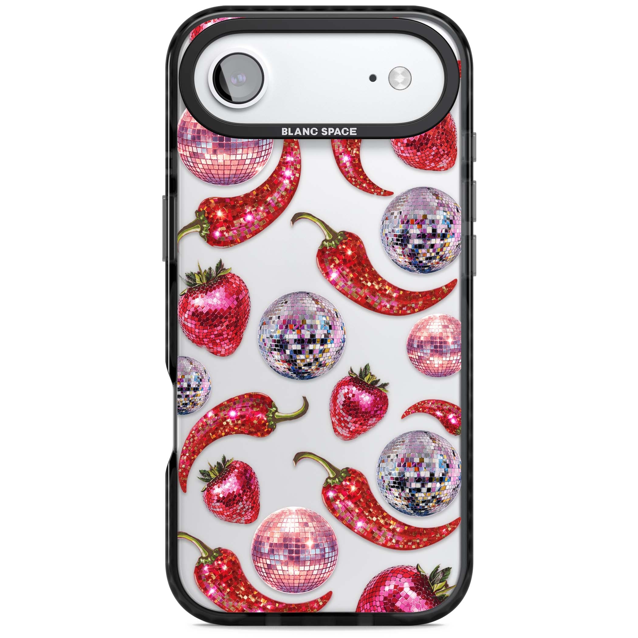 Spicy Disco Y2K iPhone case featuring glitter disco balls, sparkly strawberries and red chilli peppers | Clear Impact case for iPhone Air
