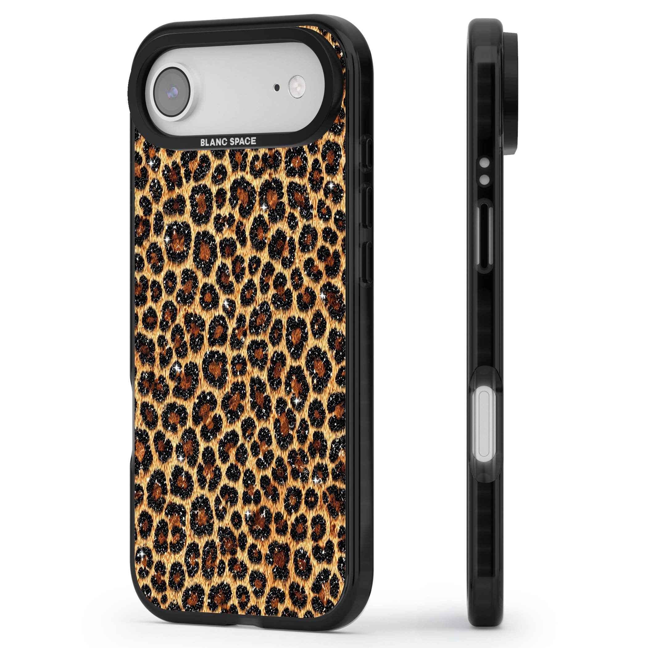 Diamond Leopard leopard print iPhone case featuring golden tan fur, black rosette spots and subtle glitter sparkle | Clear Impact case for iPhone Air