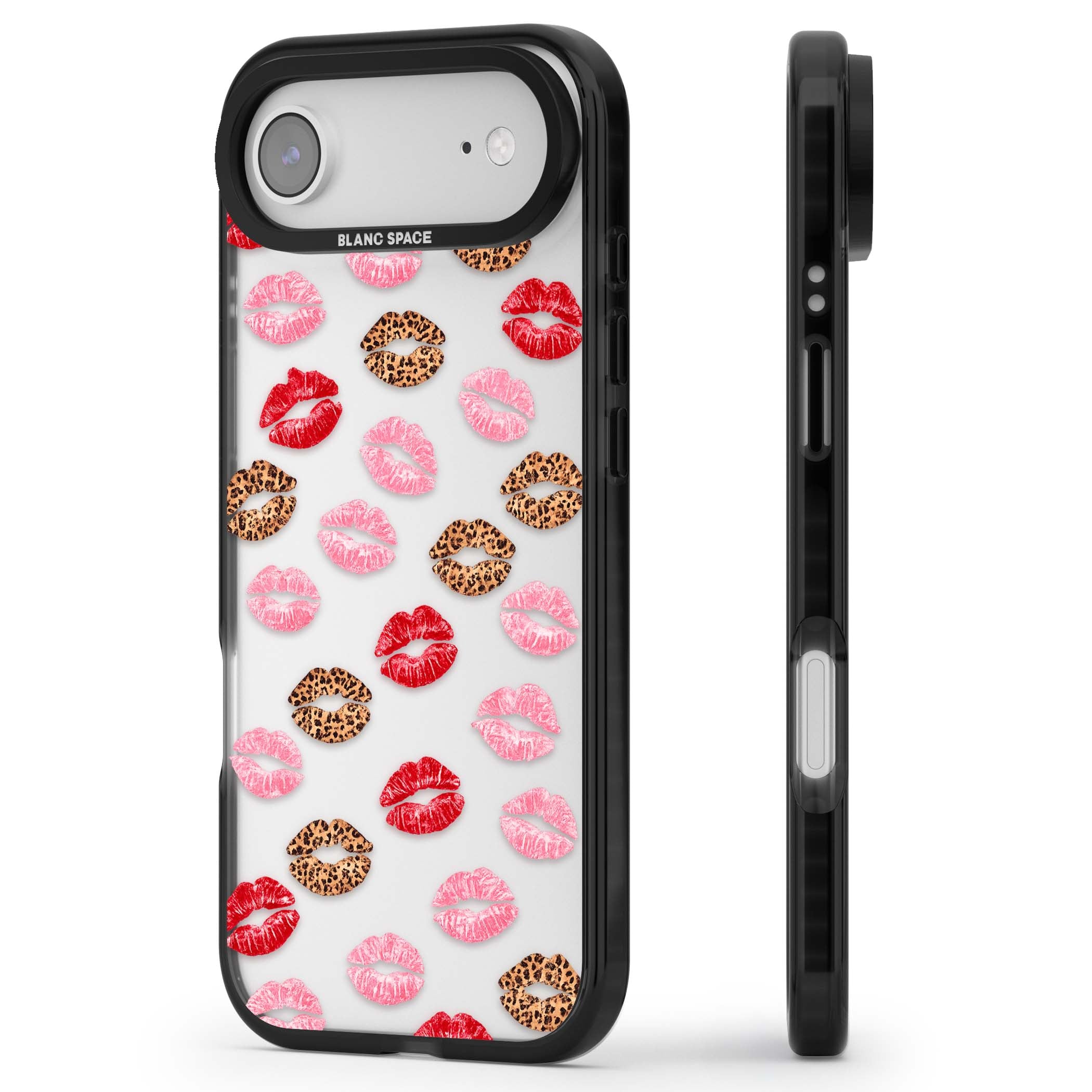 Wild Kisses coquette iPhone case featuring red, pink and leopard print lipstick kiss marks on a clear background | Clear Impact case for iPhone Air